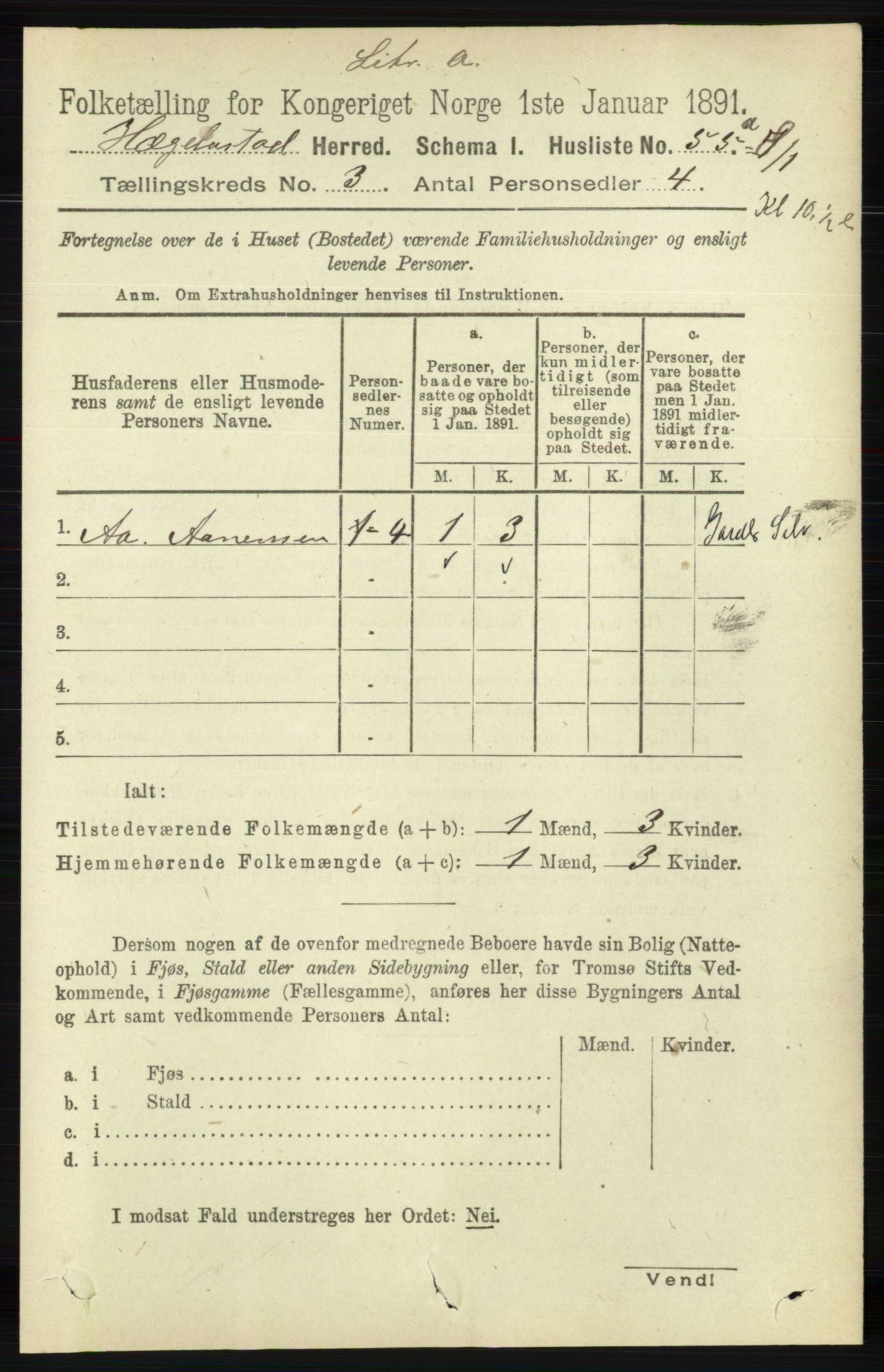 RA, 1891 census for 1034 Hægebostad, 1891, p. 872