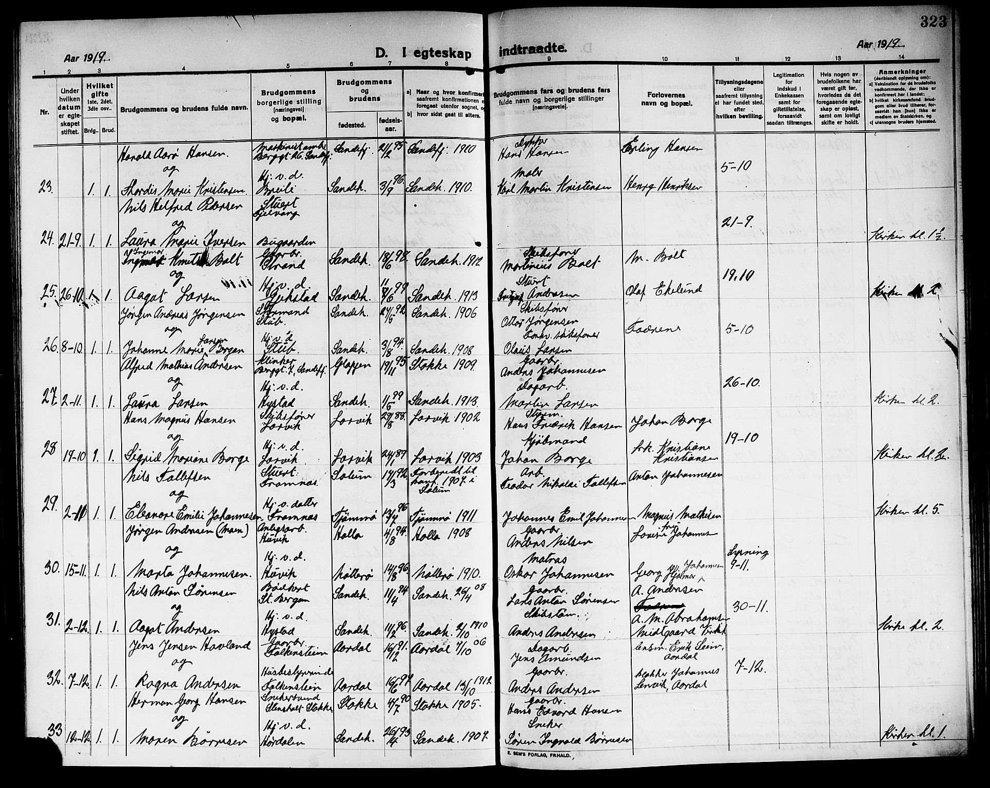 Sandar kirkebøker, AV/SAKO-A-243/G/Ga/L0003: Parish register (copy) no. 3, 1916-1922, p. 323