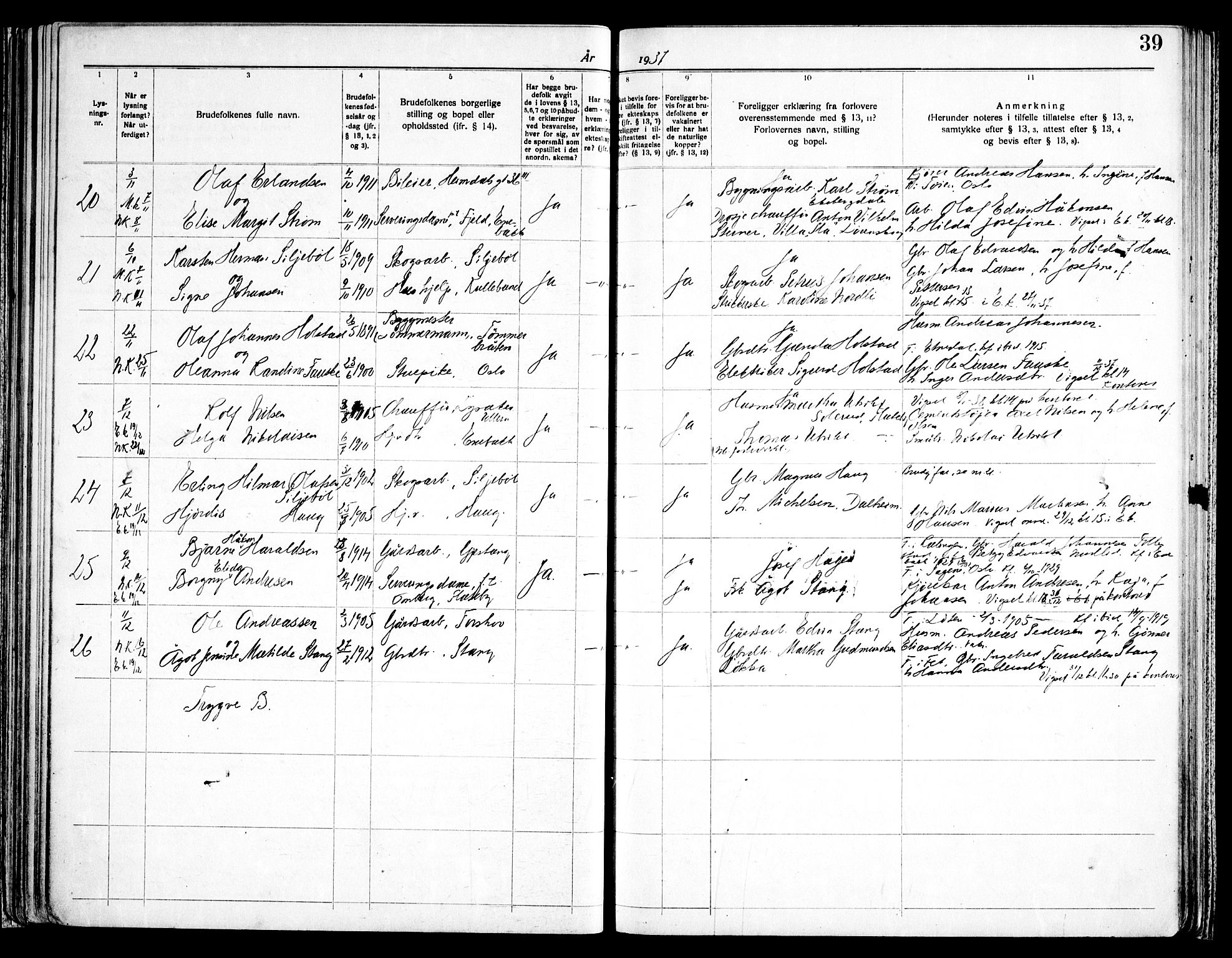 Enebakk prestekontor Kirkebøker, SAO/A-10171c/H/Ha/L0001: Banns register no. 1, 1919-1958, p. 39
