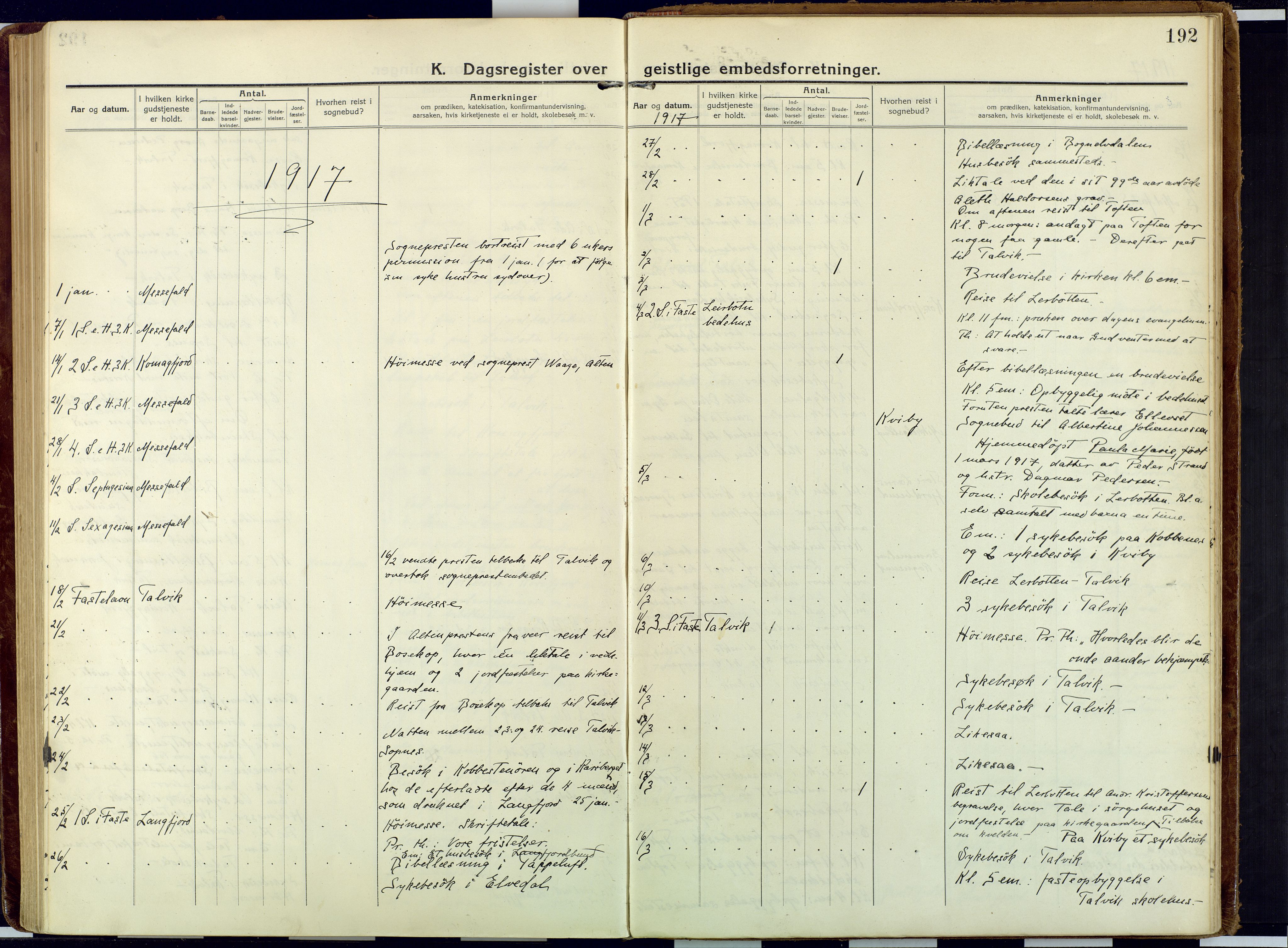 Talvik sokneprestkontor, AV/SATØ-S-1337/H/Ha/L0018kirke: Parish register (official) no. 18, 1915-1924, p. 192