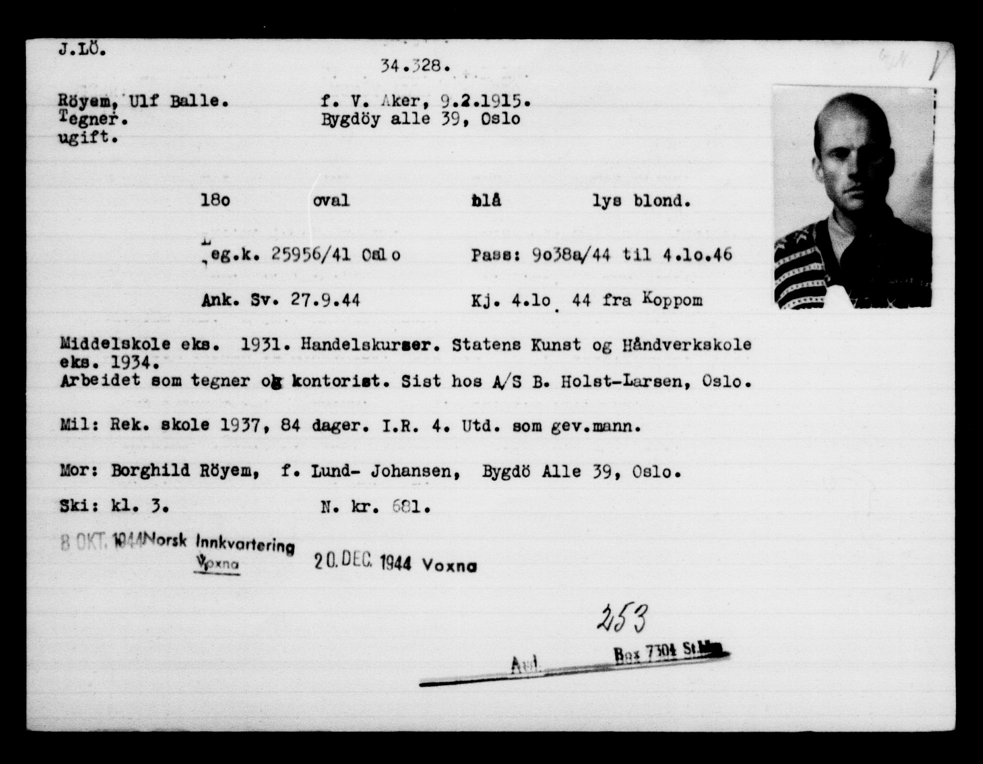 Utenriksstasjonene, Legasjonen i Stockholm, Flyktningkontoret, AV/RA-S-6753/V/Va/L0013: Kjesäterkartoteket, flyktninger med registreringsnr. 31500-34731, 1940-1945, p. 2981