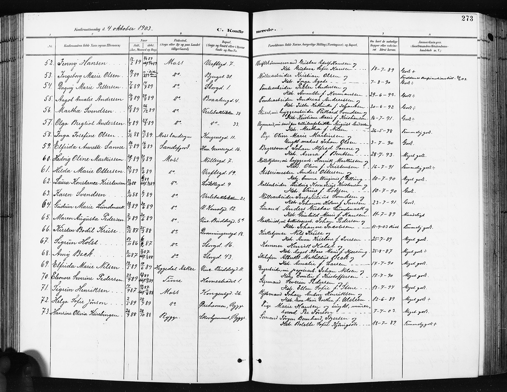 Moss prestekontor Kirkebøker, SAO/A-2003/G/Ga/L0007: Parish register (copy) no. I 7, 1901-1912, p. 273