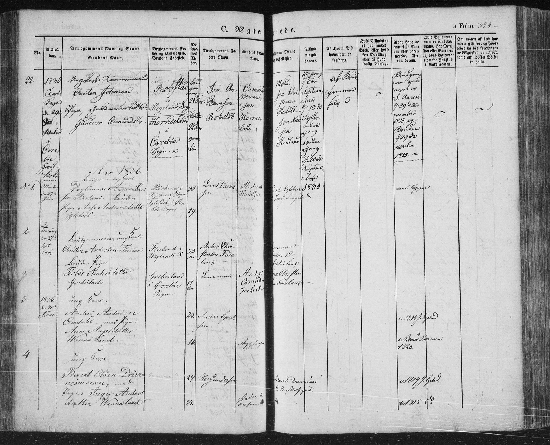 Vennesla sokneprestkontor, AV/SAK-1111-0045/Fa/Fac/L0004: Parish register (official) no. A 4, 1834-1855, p. 324