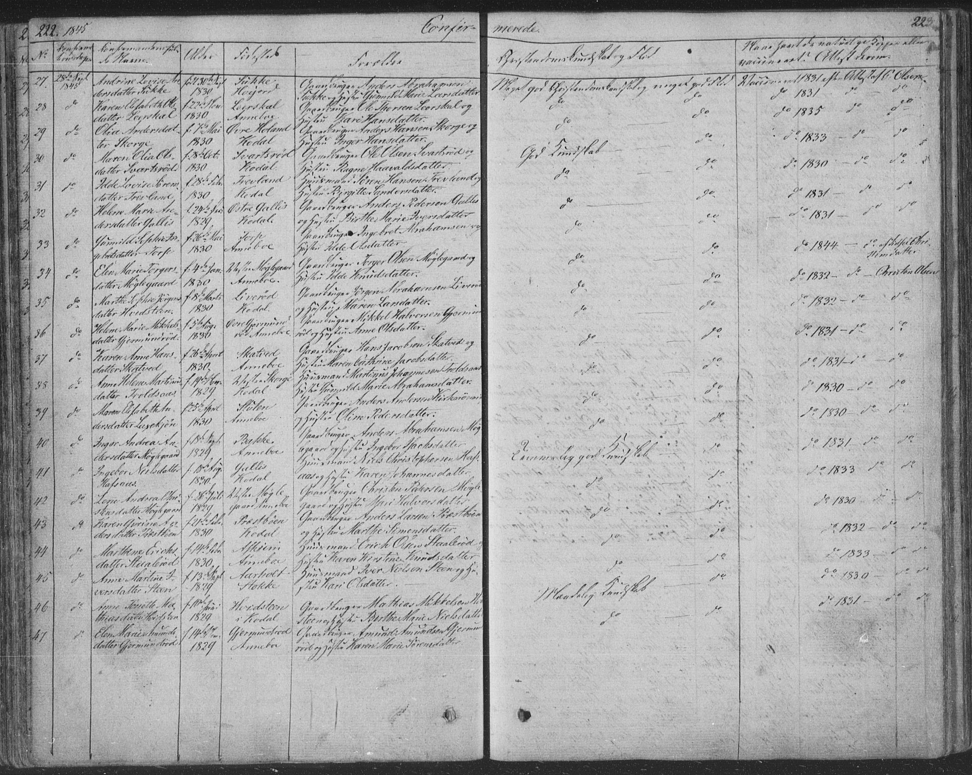 Andebu kirkebøker, SAKO/A-336/F/Fa/L0004: Parish register (official) no. 4, 1829-1856, p. 222-223