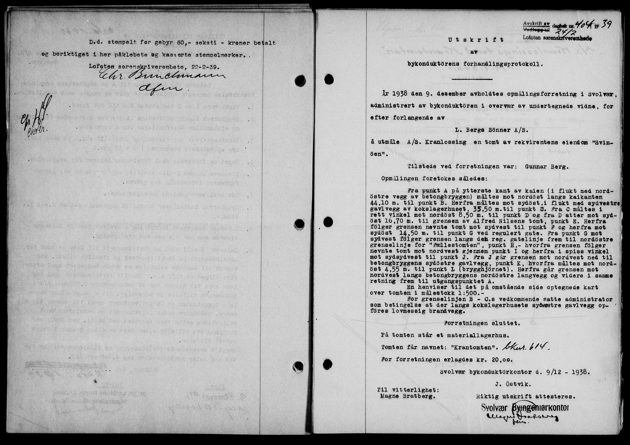 Lofoten sorenskriveri, SAT/A-0017/1/2/2C/L0005a: Mortgage book no. 5a, 1939-1939, Diary no: : 404/1939