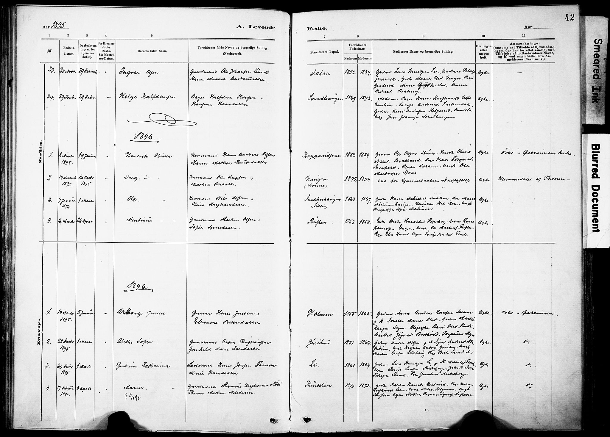 Nordre Land prestekontor, SAH/PREST-124/H/Ha/Haa/L0005: Parish register (official) no. 5, 1882-1903, p. 42