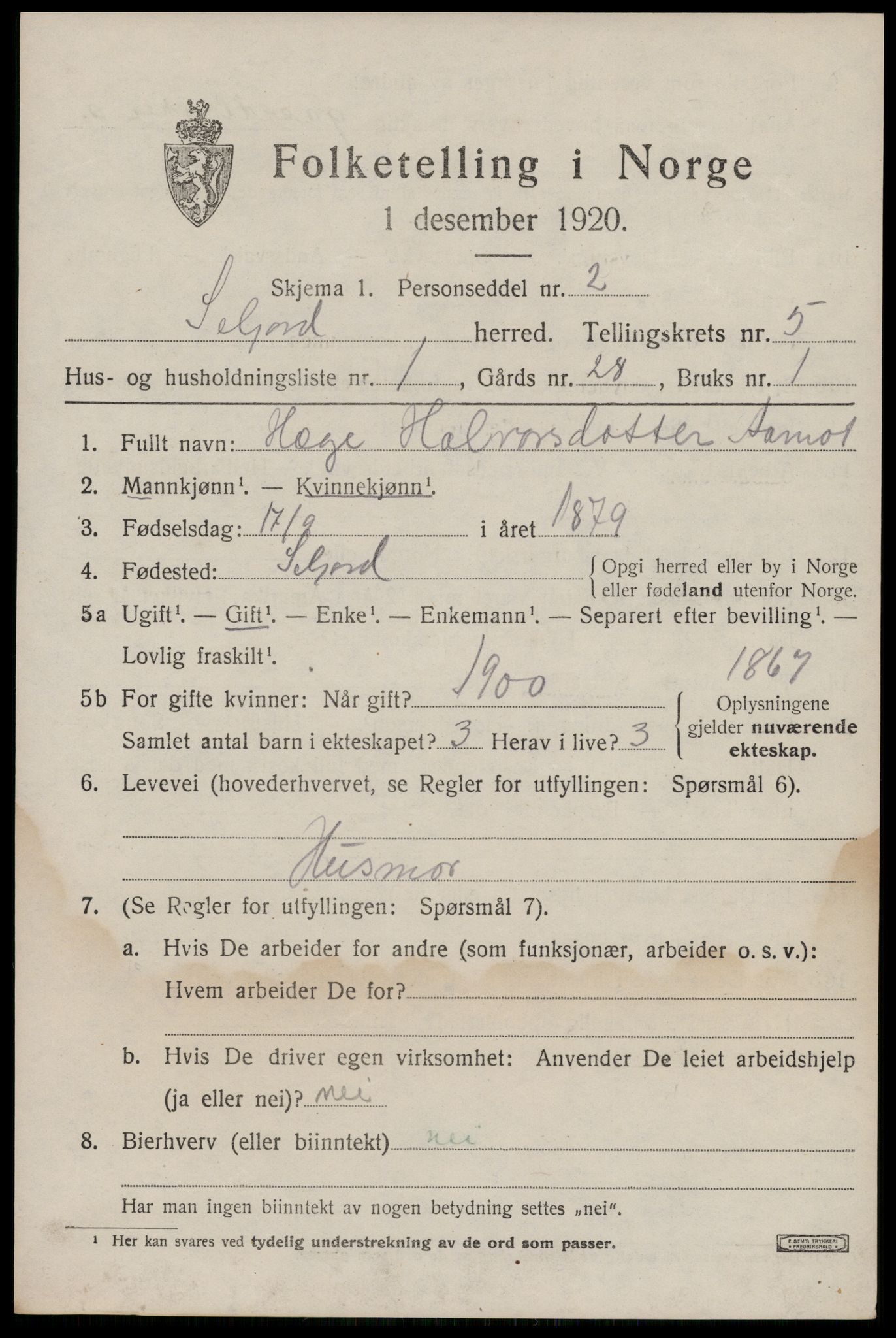 SAKO, 1920 census for Seljord, 1920, p. 2378