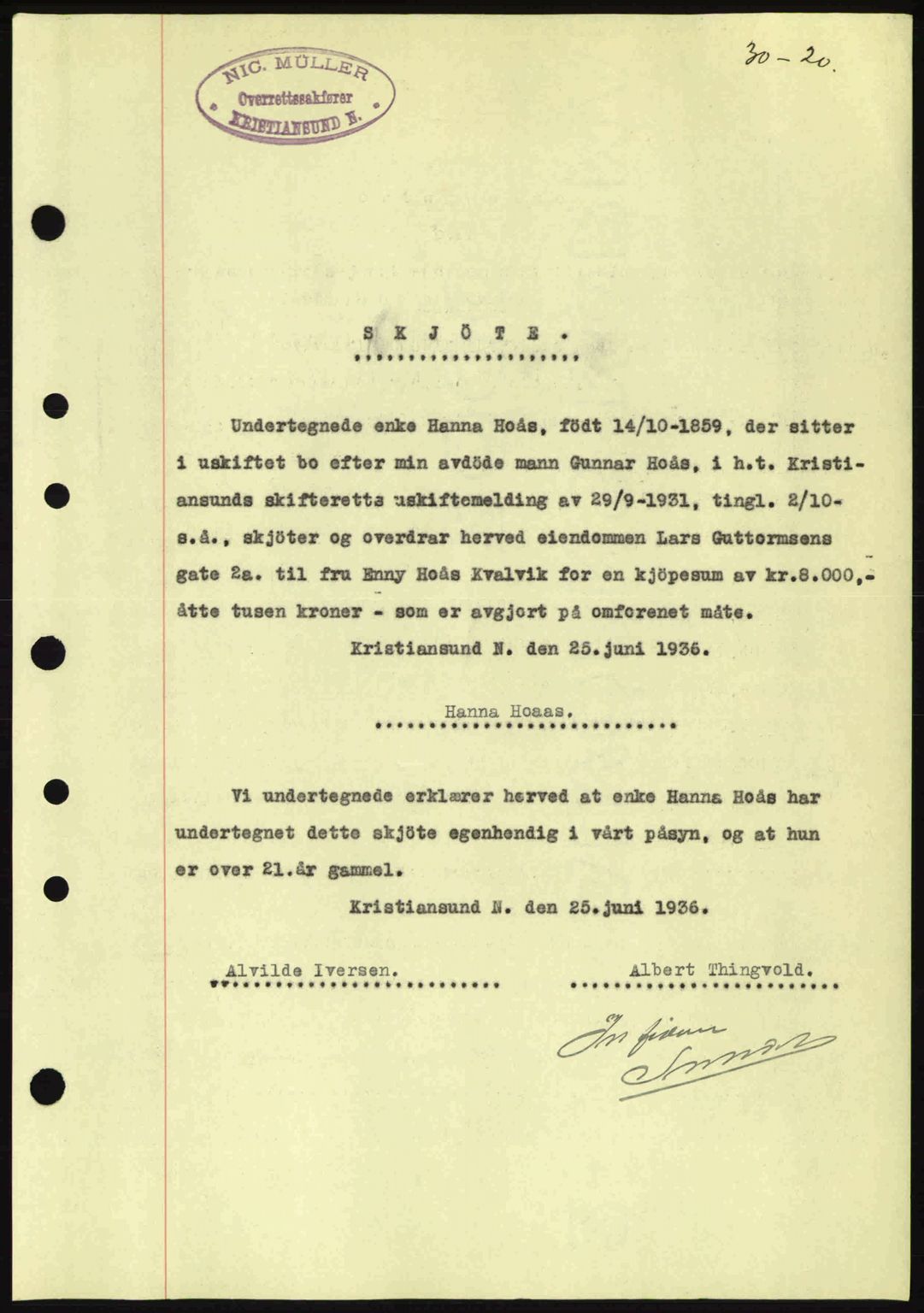 Kristiansund byfogd, AV/SAT-A-4587/A/27: Mortgage book no. 30, 1936-1941, Diary no: : 394/1936