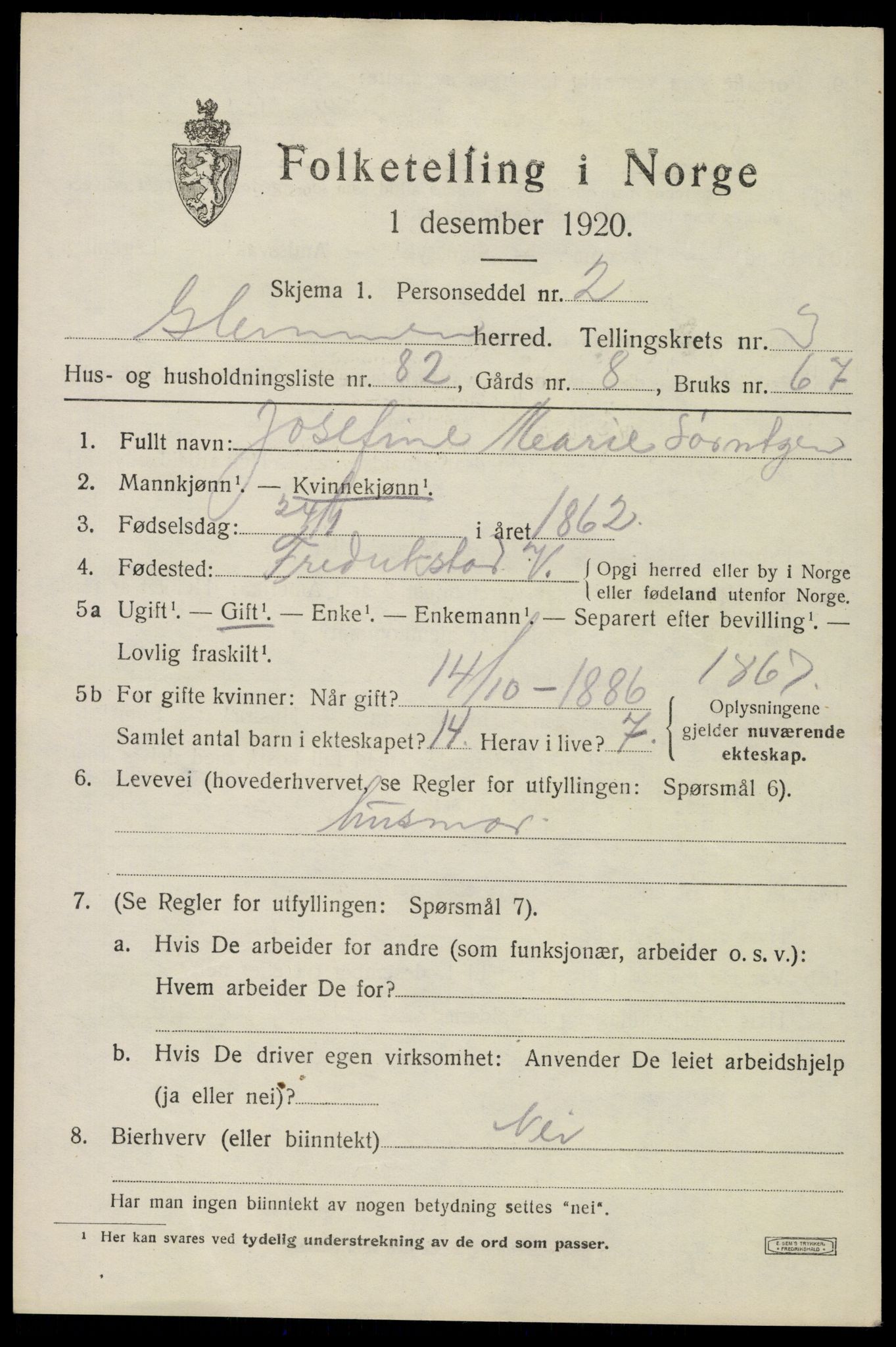 SAO, 1920 census for Glemmen, 1920, p. 7611