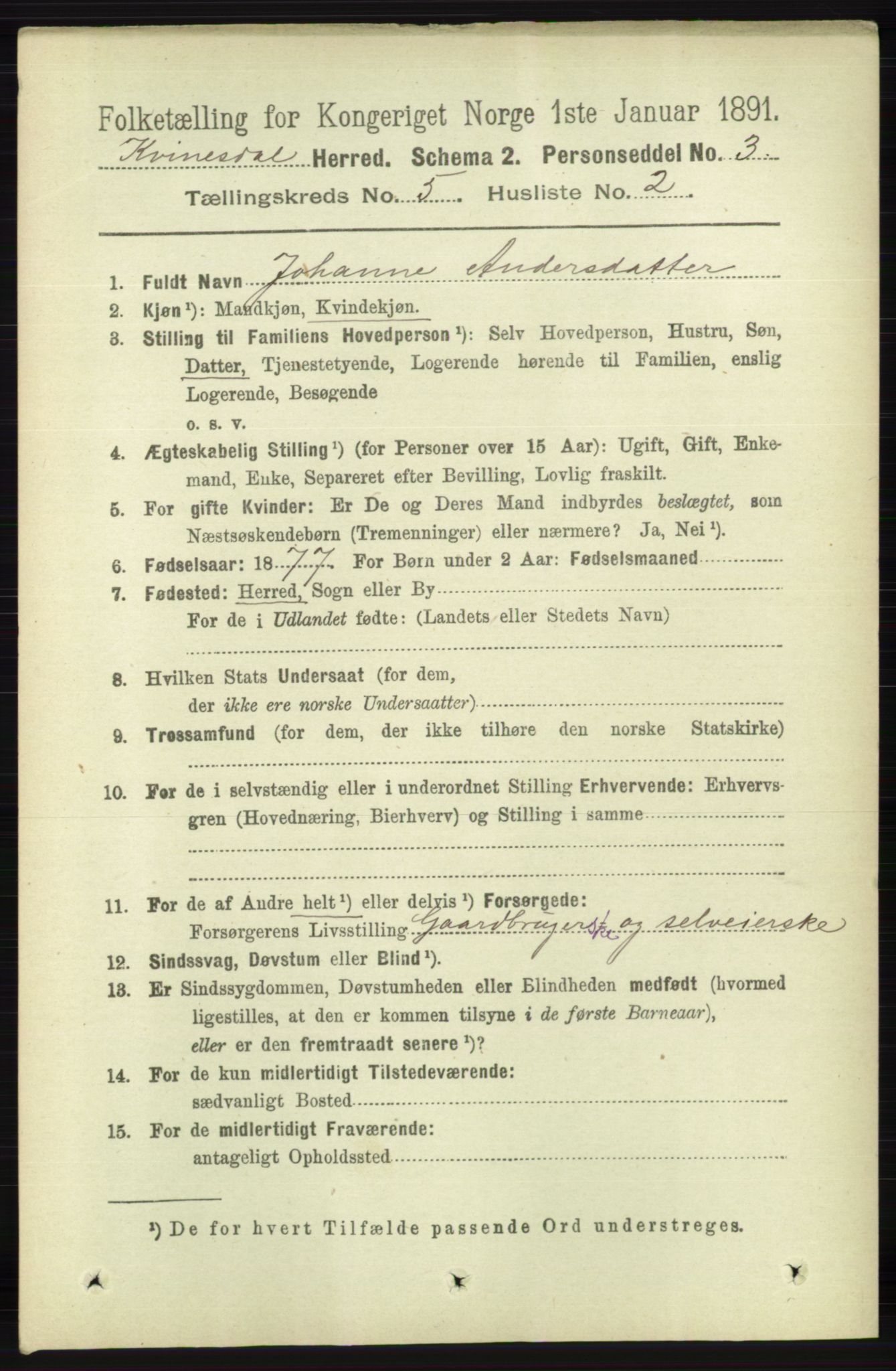 RA, 1891 census for 1037 Kvinesdal, 1891, p. 1705