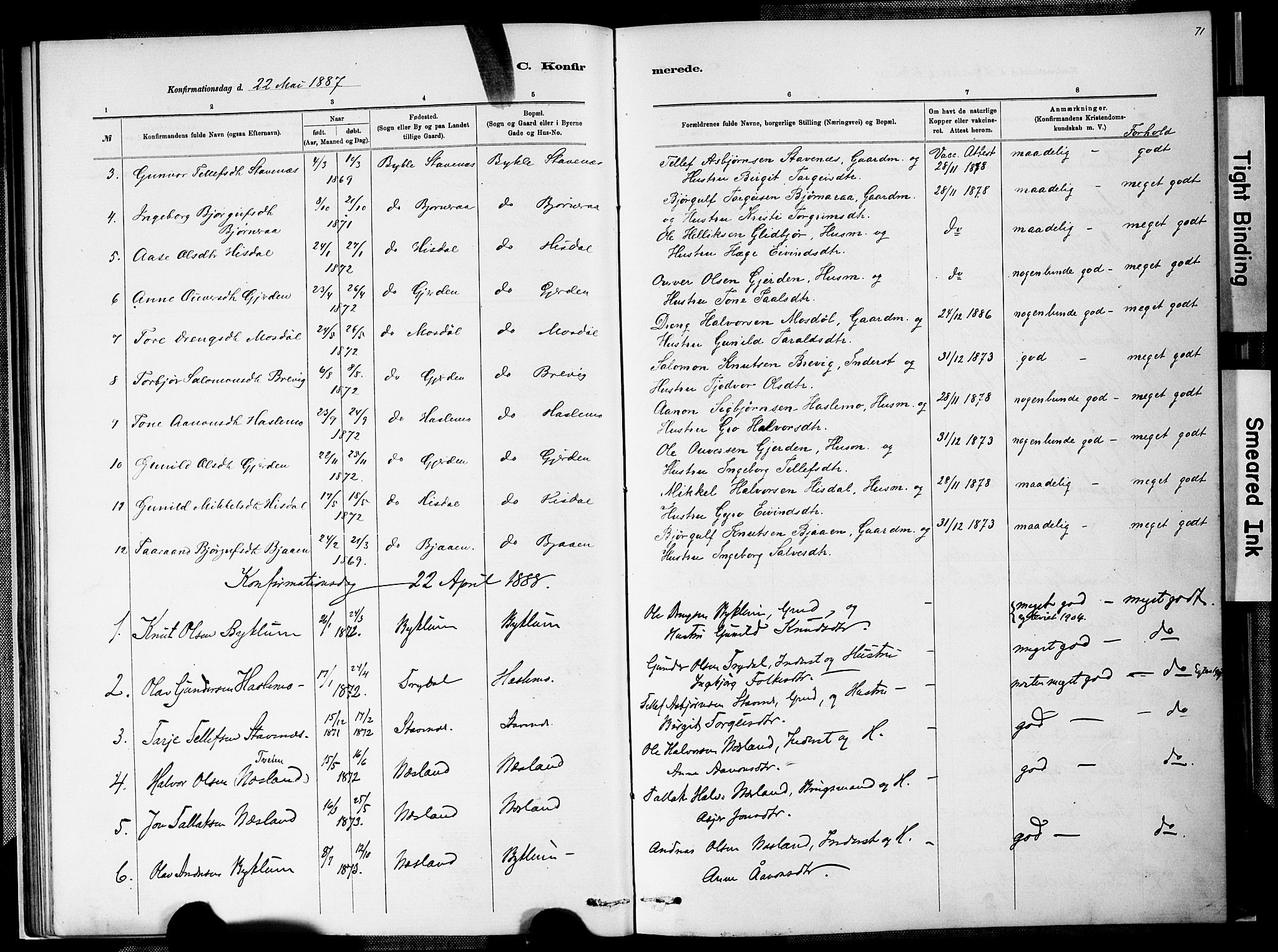 Valle sokneprestkontor, SAK/1111-0044/F/Fa/Faa/L0001: Parish register (official) no. A 1, 1882-1907, p. 71