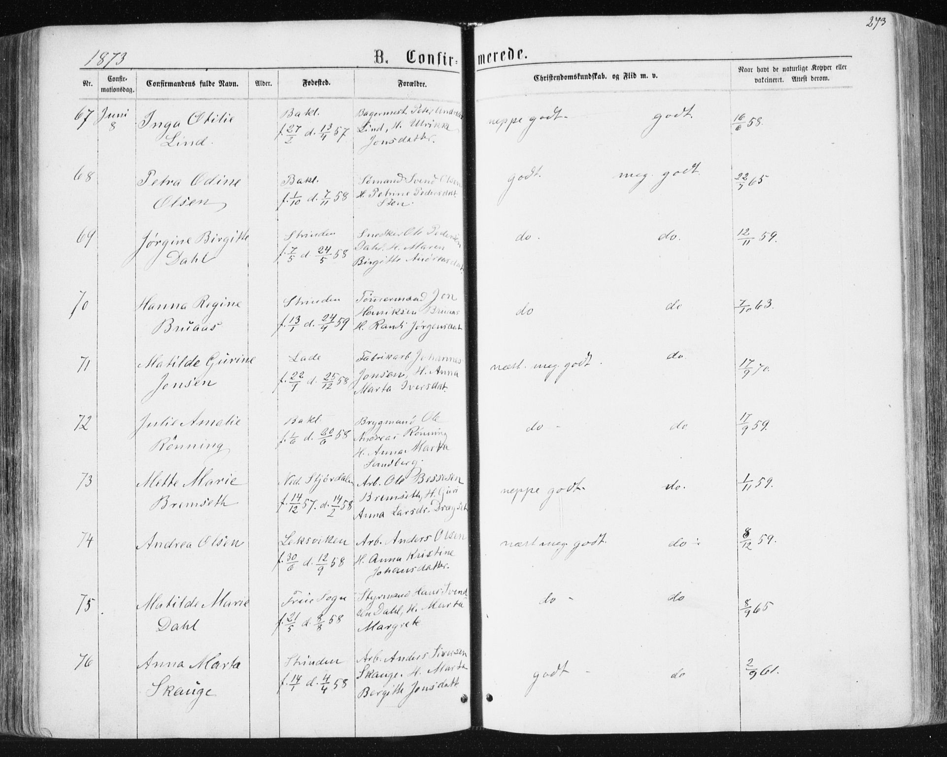 Ministerialprotokoller, klokkerbøker og fødselsregistre - Sør-Trøndelag, SAT/A-1456/604/L0186: Parish register (official) no. 604A07, 1866-1877, p. 273