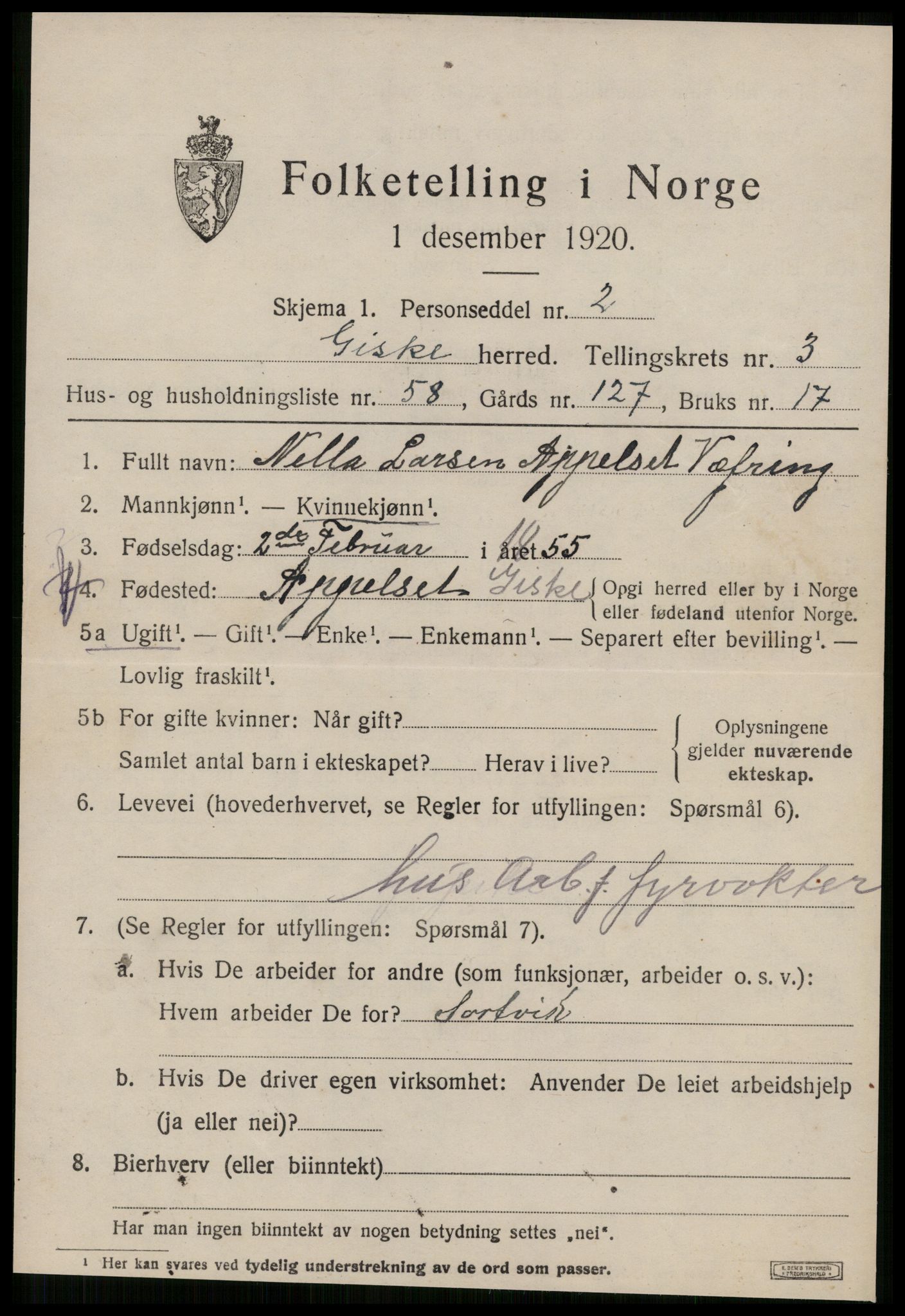 SAT, 1920 census for Giske, 1920, p. 2620