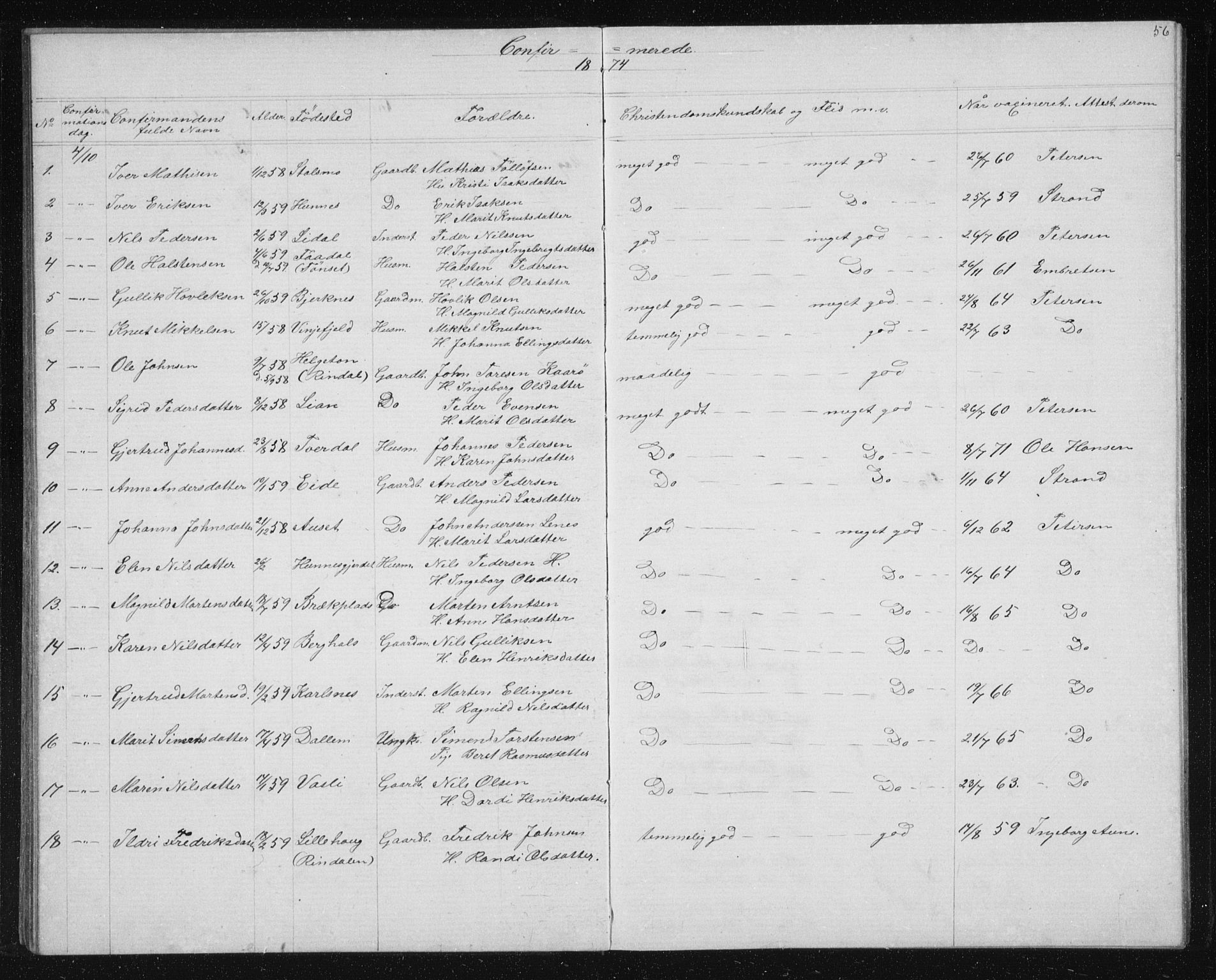 Ministerialprotokoller, klokkerbøker og fødselsregistre - Sør-Trøndelag, AV/SAT-A-1456/631/L0513: Parish register (copy) no. 631C01, 1869-1879, p. 56