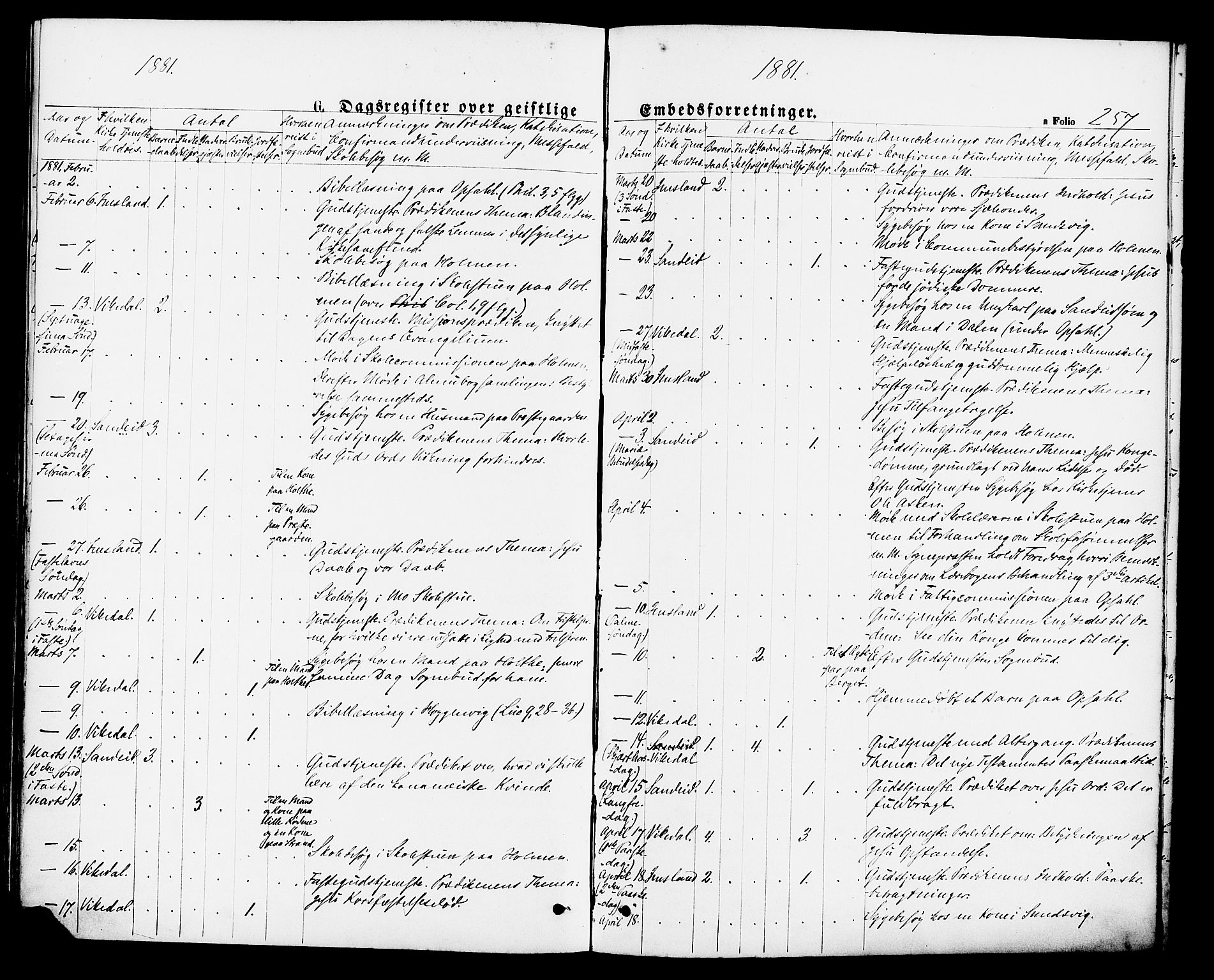 Vikedal sokneprestkontor, SAST/A-101840/01/IV: Parish register (official) no. A 7, 1868-1883, p. 257