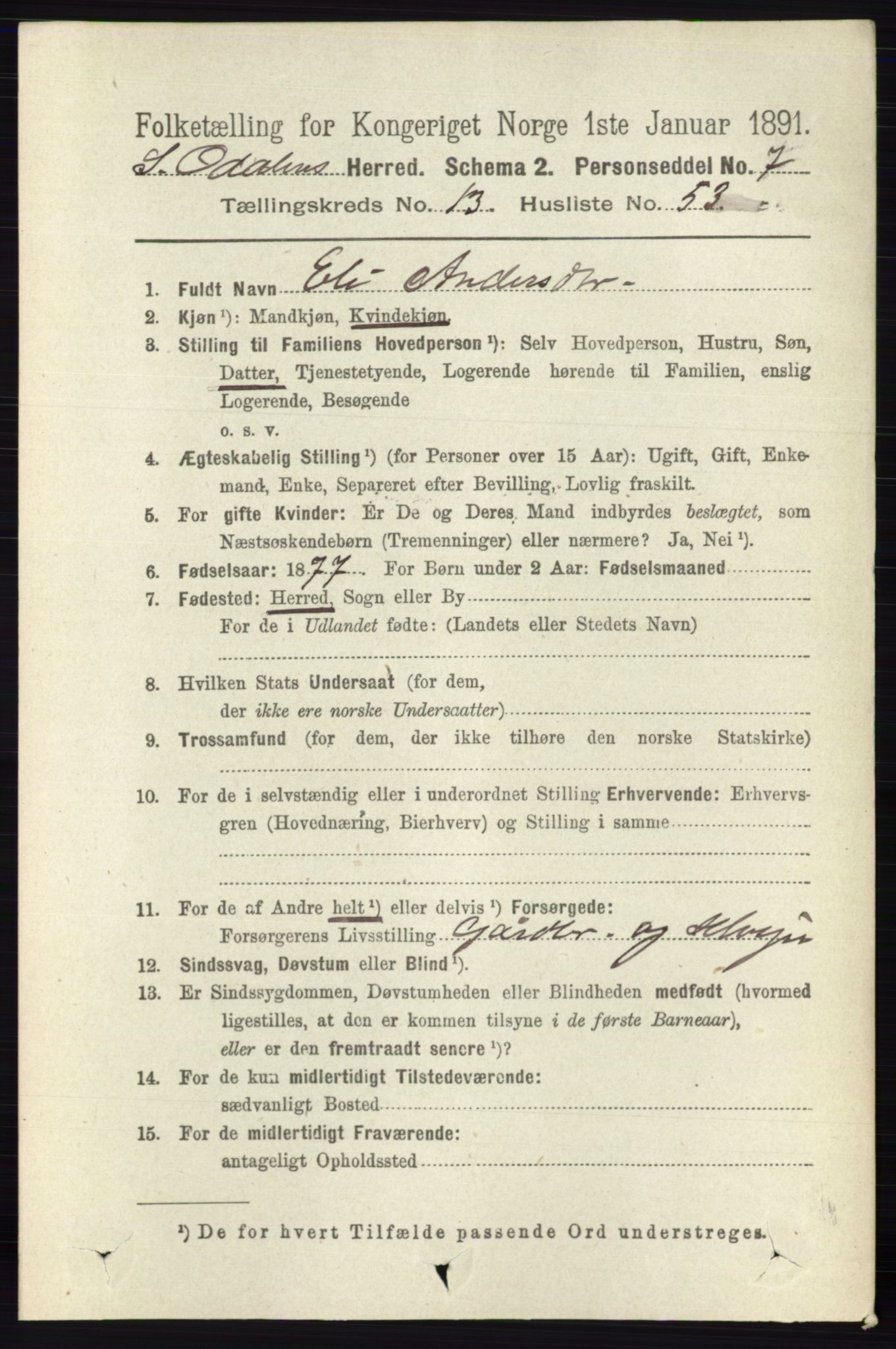 RA, 1891 census for 0419 Sør-Odal, 1891, p. 5910