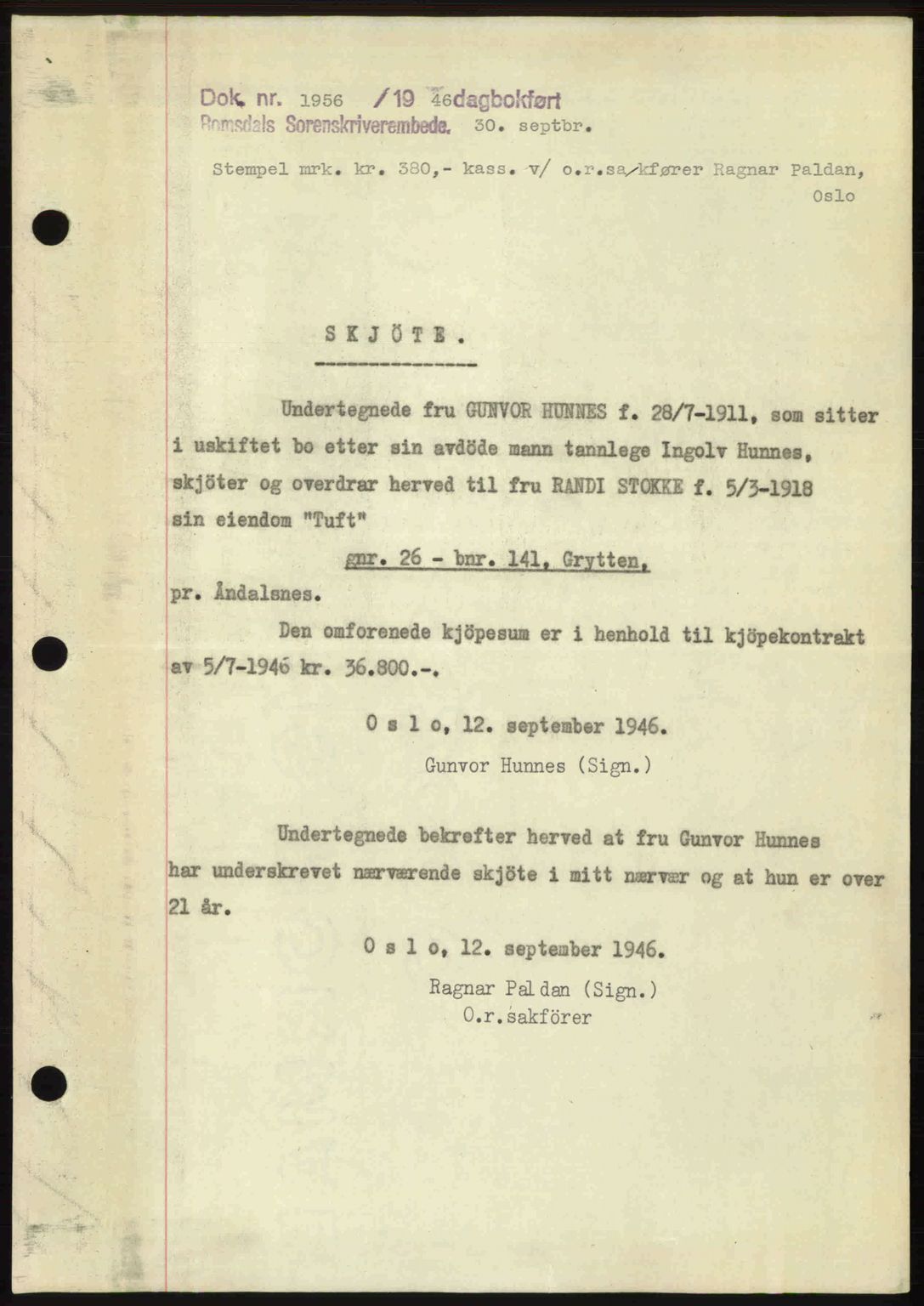 Romsdal sorenskriveri, AV/SAT-A-4149/1/2/2C: Mortgage book no. A21, 1946-1946, Diary no: : 1956/1946