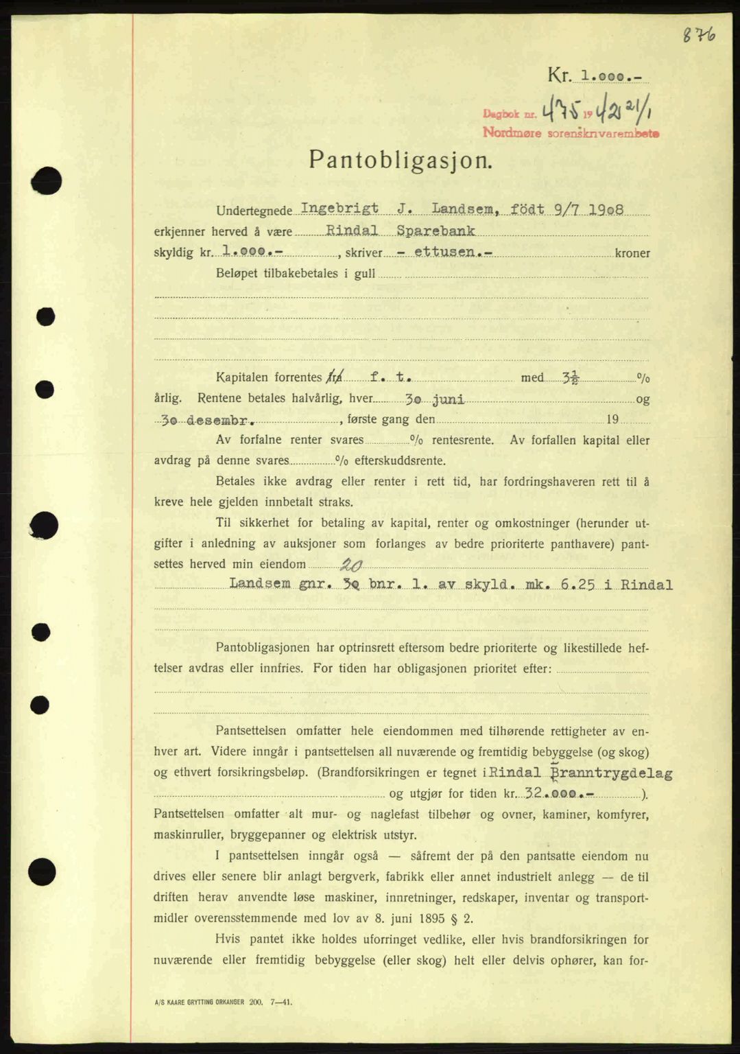 Nordmøre sorenskriveri, AV/SAT-A-4132/1/2/2Ca: Mortgage book no. B88, 1941-1942, Diary no: : 475/1942