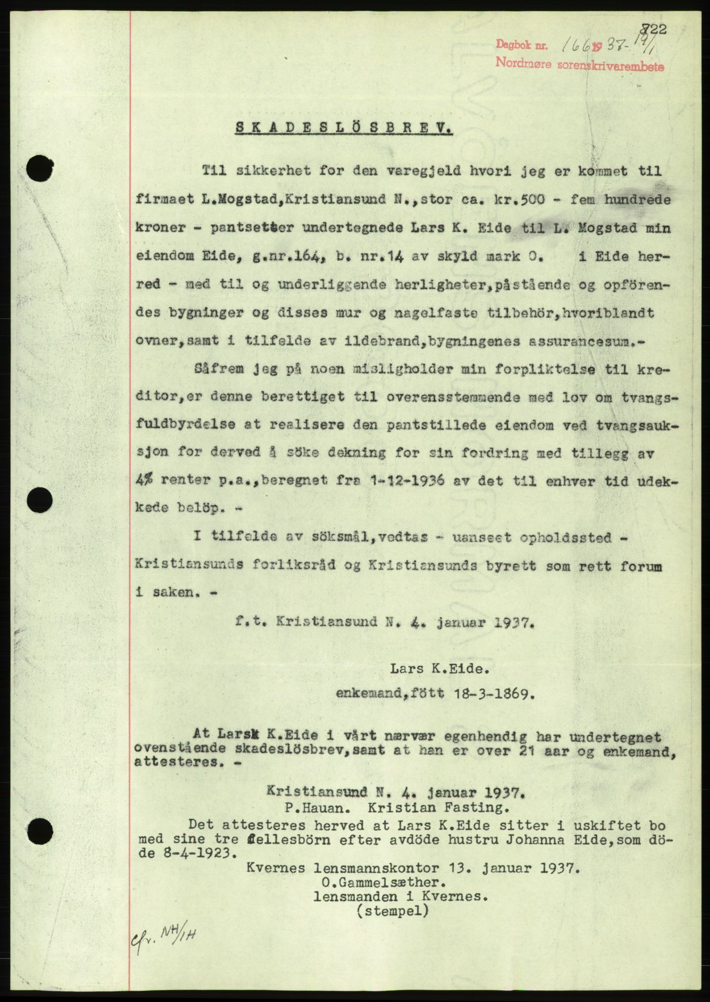 Nordmøre sorenskriveri, AV/SAT-A-4132/1/2/2Ca/L0090: Mortgage book no. B80, 1936-1937, Diary no: : 166/1937