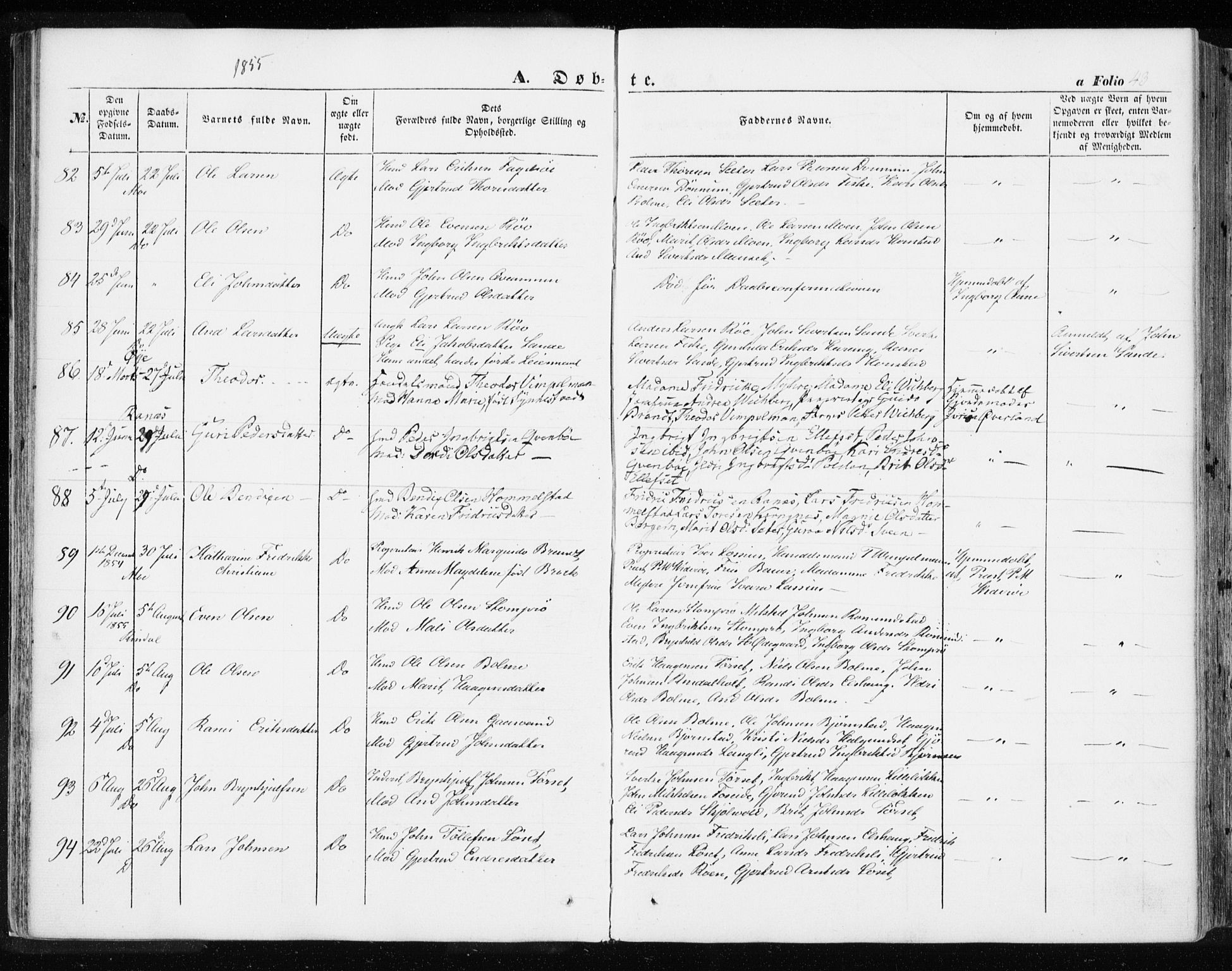 Ministerialprotokoller, klokkerbøker og fødselsregistre - Møre og Romsdal, SAT/A-1454/595/L1044: Parish register (official) no. 595A06, 1852-1863, p. 43