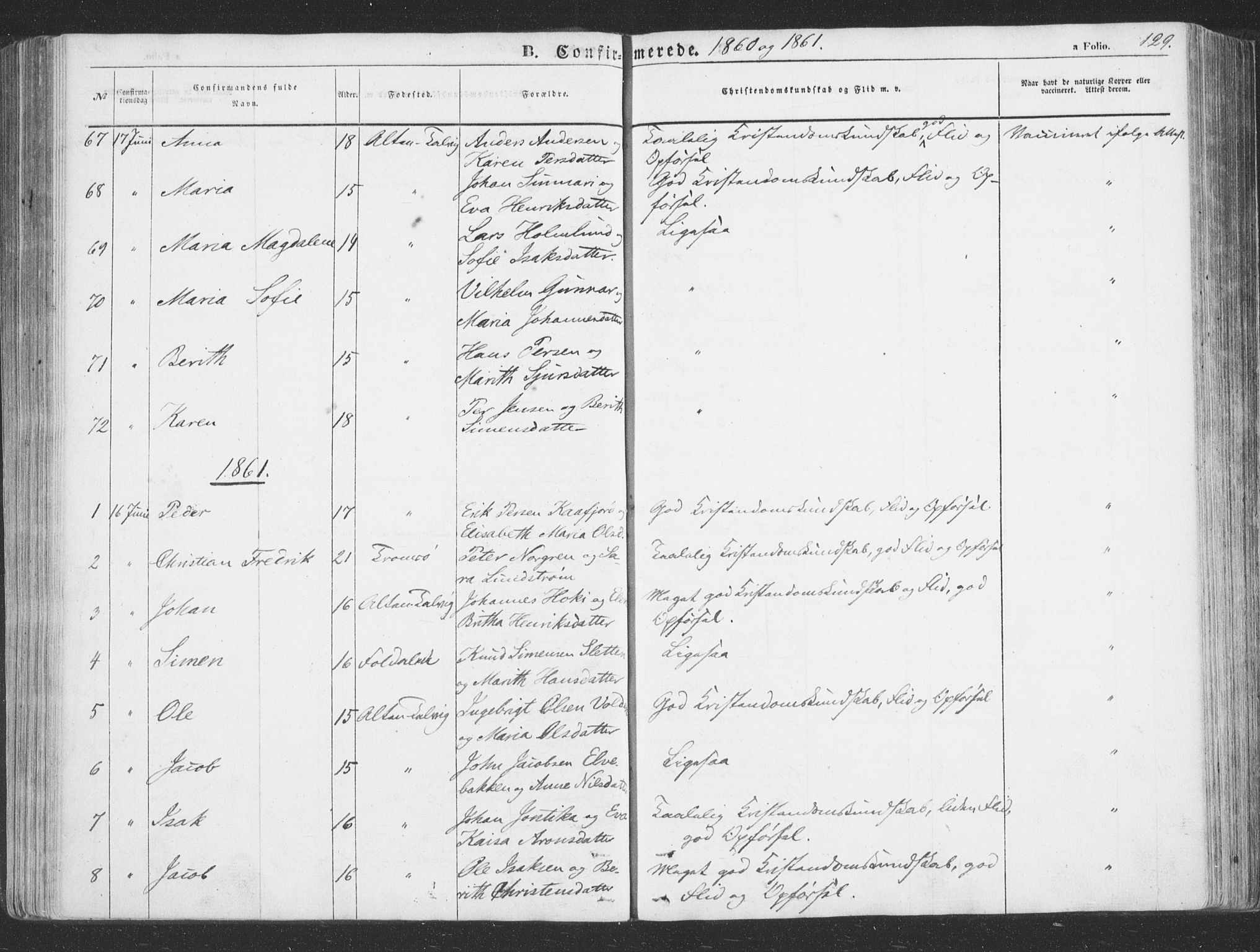 Talvik sokneprestkontor, AV/SATØ-S-1337/H/Ha/L0010kirke: Parish register (official) no. 10, 1852-1864, p. 129