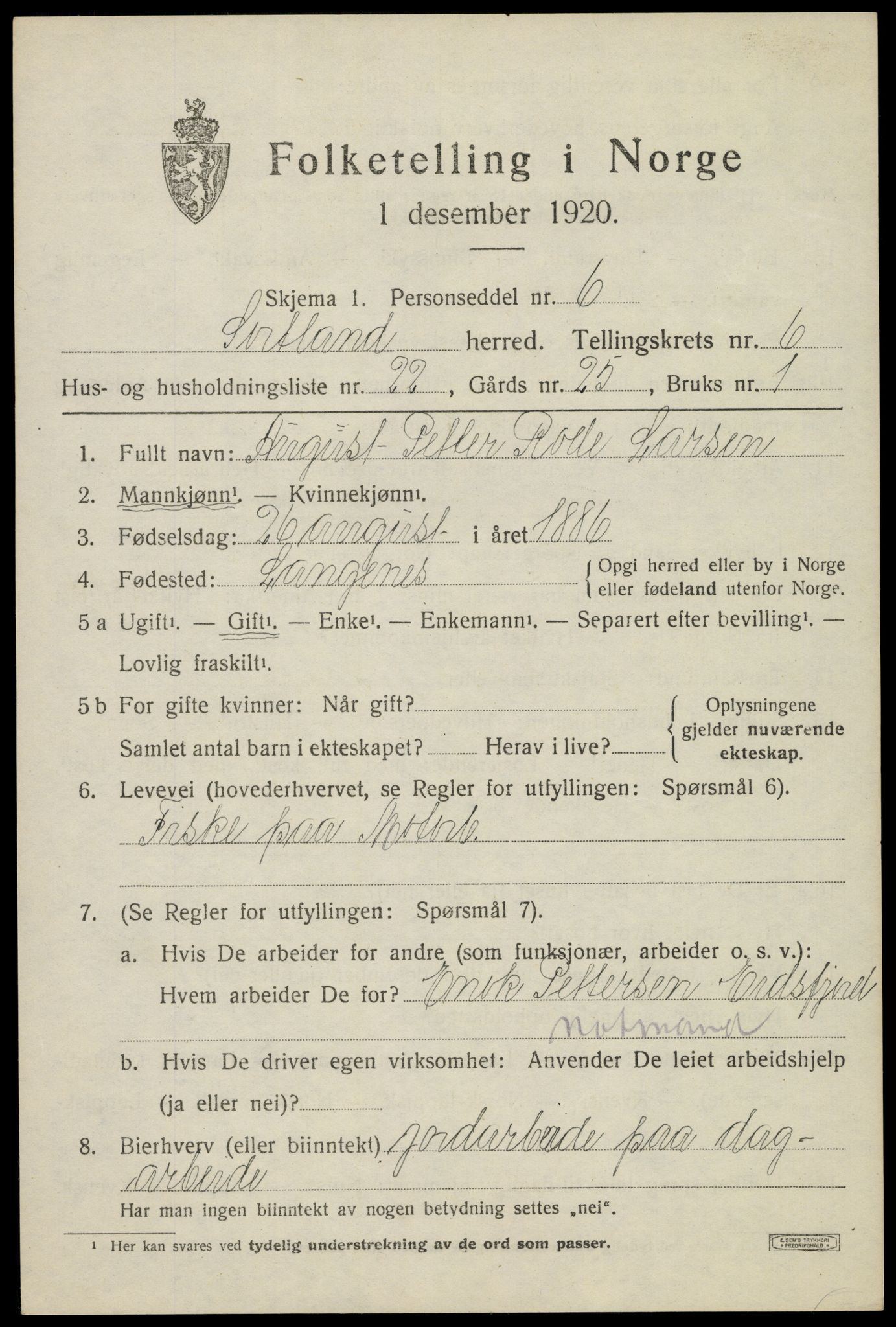 SAT, 1920 census for Sortland, 1920, p. 6526