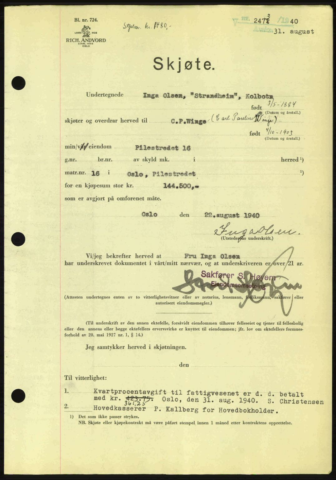 Oslo byskriverembete, AV/SAO-A-10227/G/Gb/Gbb/Gbbb/L0005: Mortgage book no. VA5, 1939-1941, Diary no: : 2473/1940