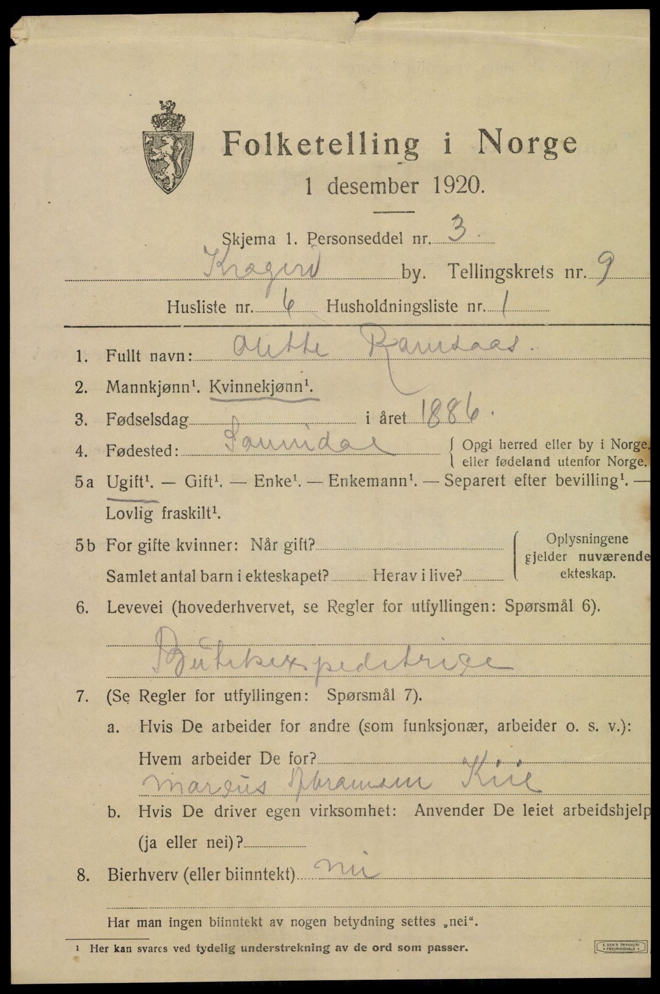 SAKO, 1920 census for Kragerø, 1920, p. 12013