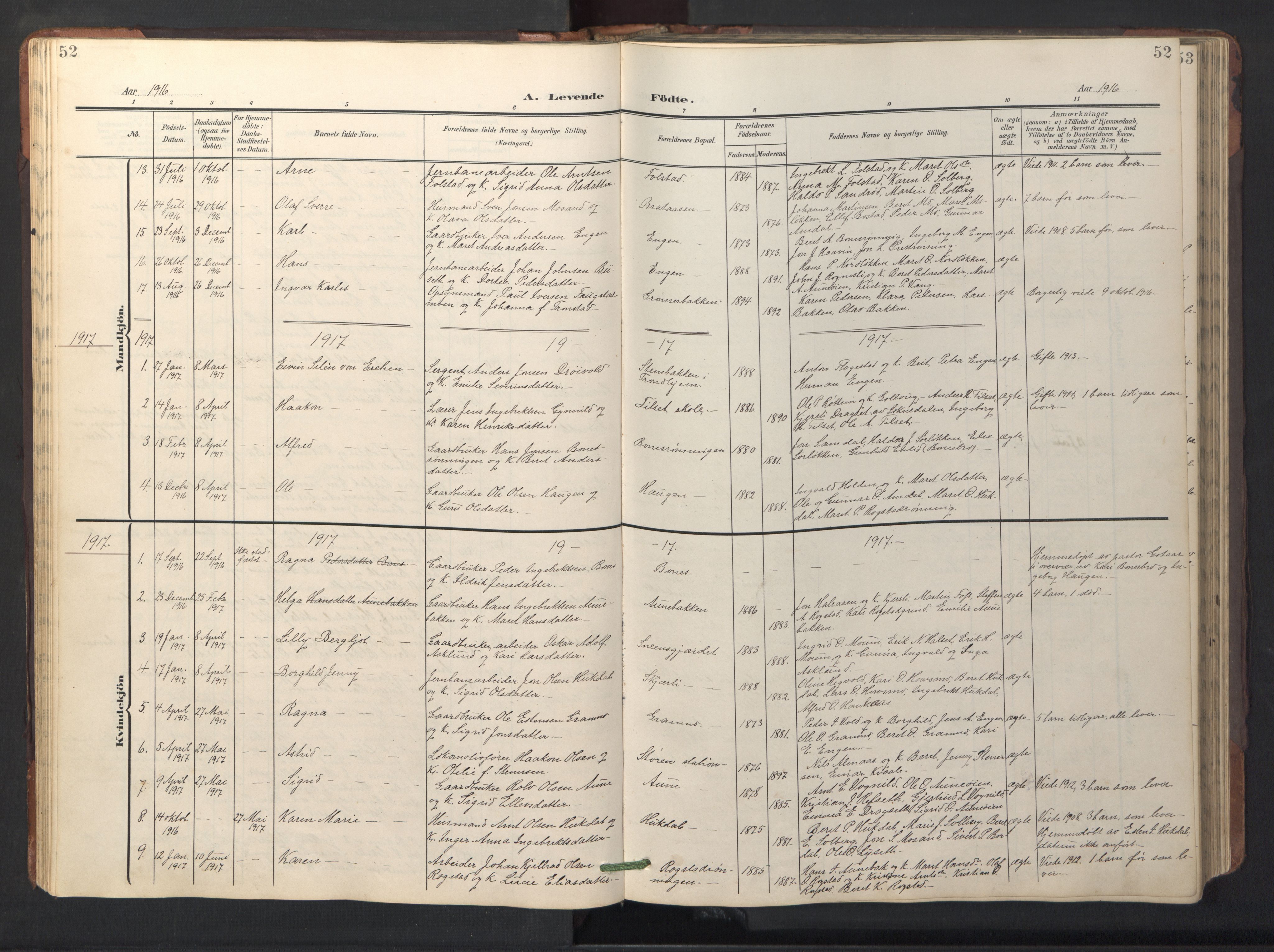 Ministerialprotokoller, klokkerbøker og fødselsregistre - Sør-Trøndelag, SAT/A-1456/687/L1019: Parish register (copy) no. 687C03, 1904-1931, p. 52