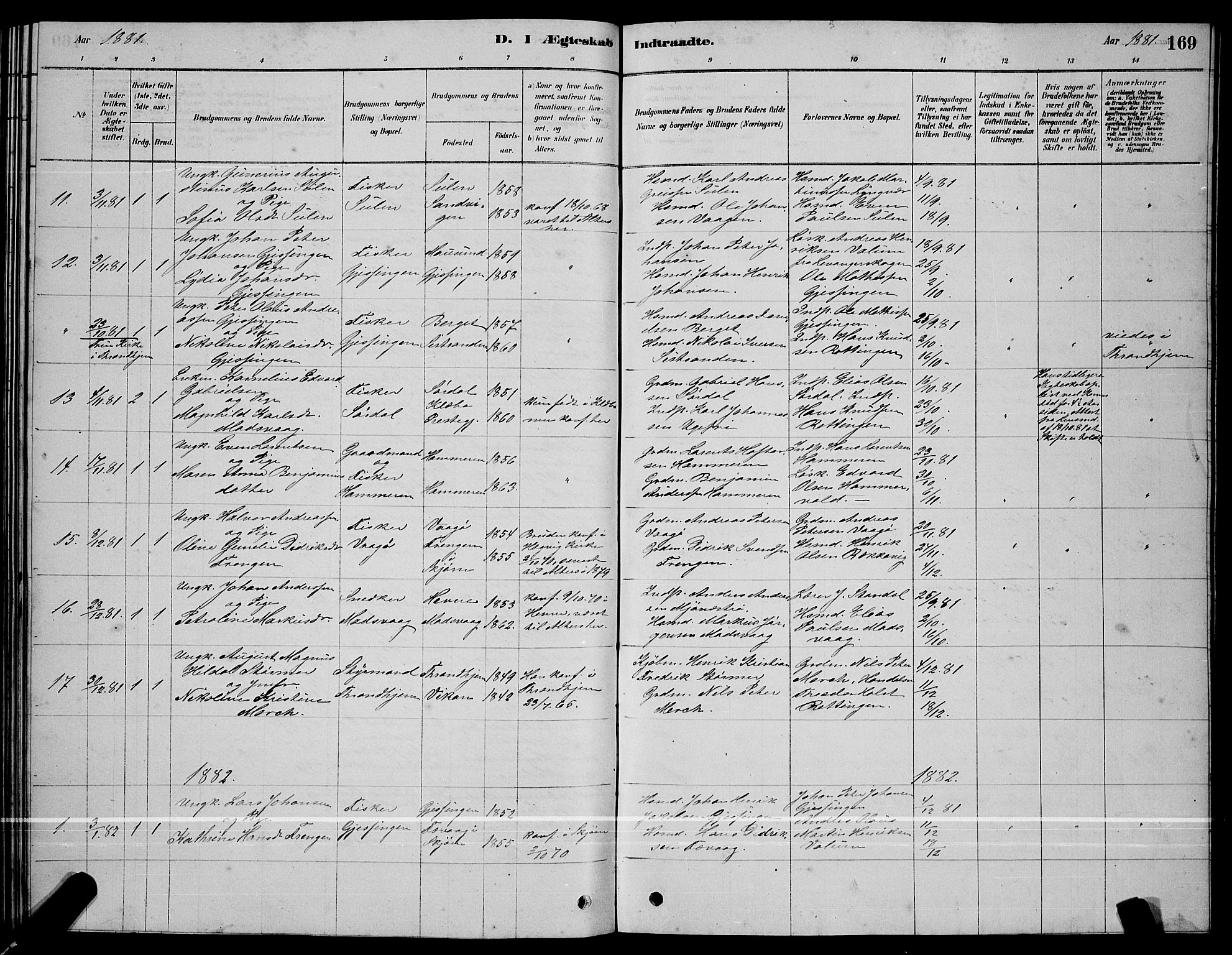Ministerialprotokoller, klokkerbøker og fødselsregistre - Sør-Trøndelag, SAT/A-1456/640/L0585: Parish register (copy) no. 640C03, 1878-1891, p. 169