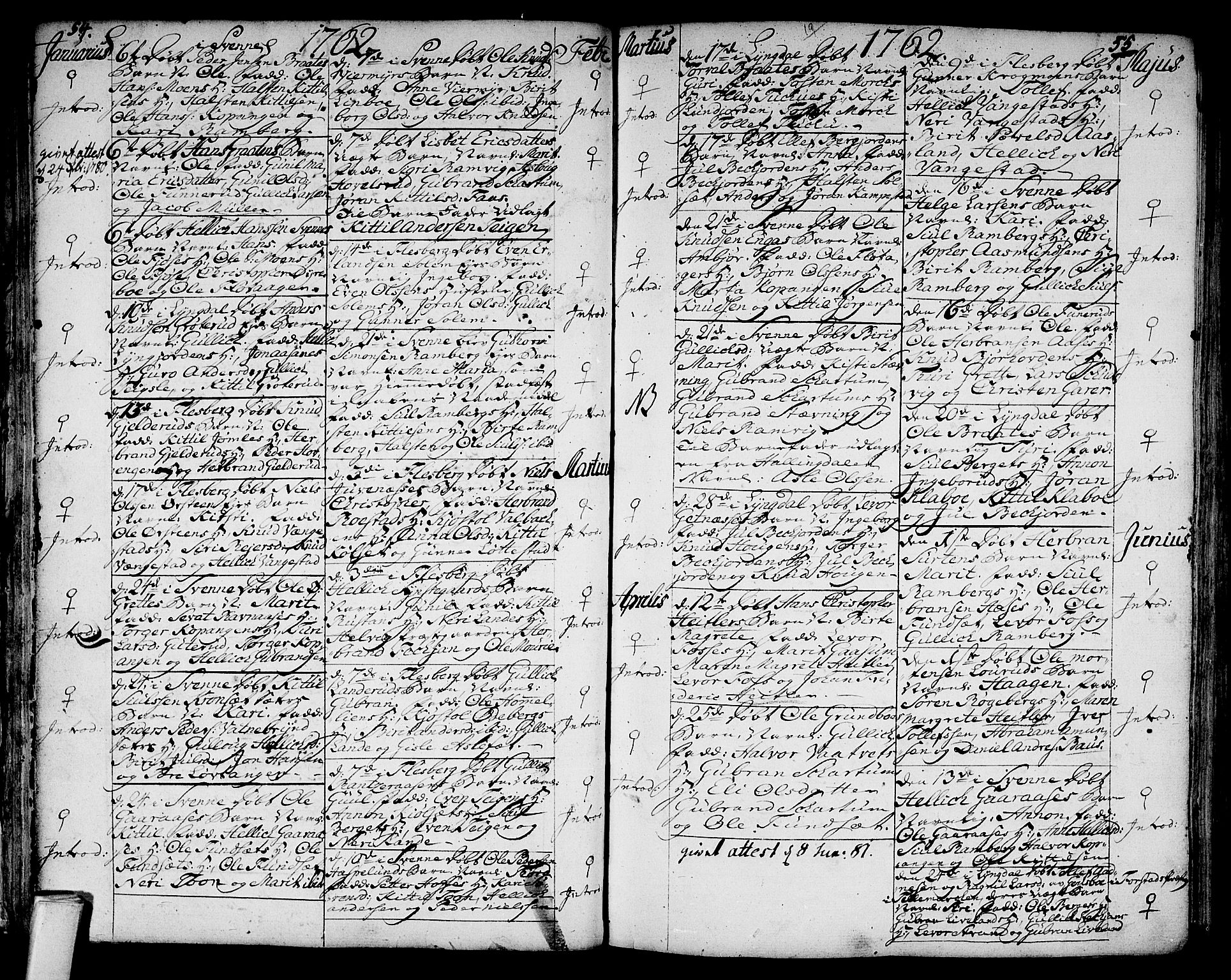 Flesberg kirkebøker, SAKO/A-18/F/Fa/L0003: Parish register (official) no. I 3, 1748-1790, p. 54-55