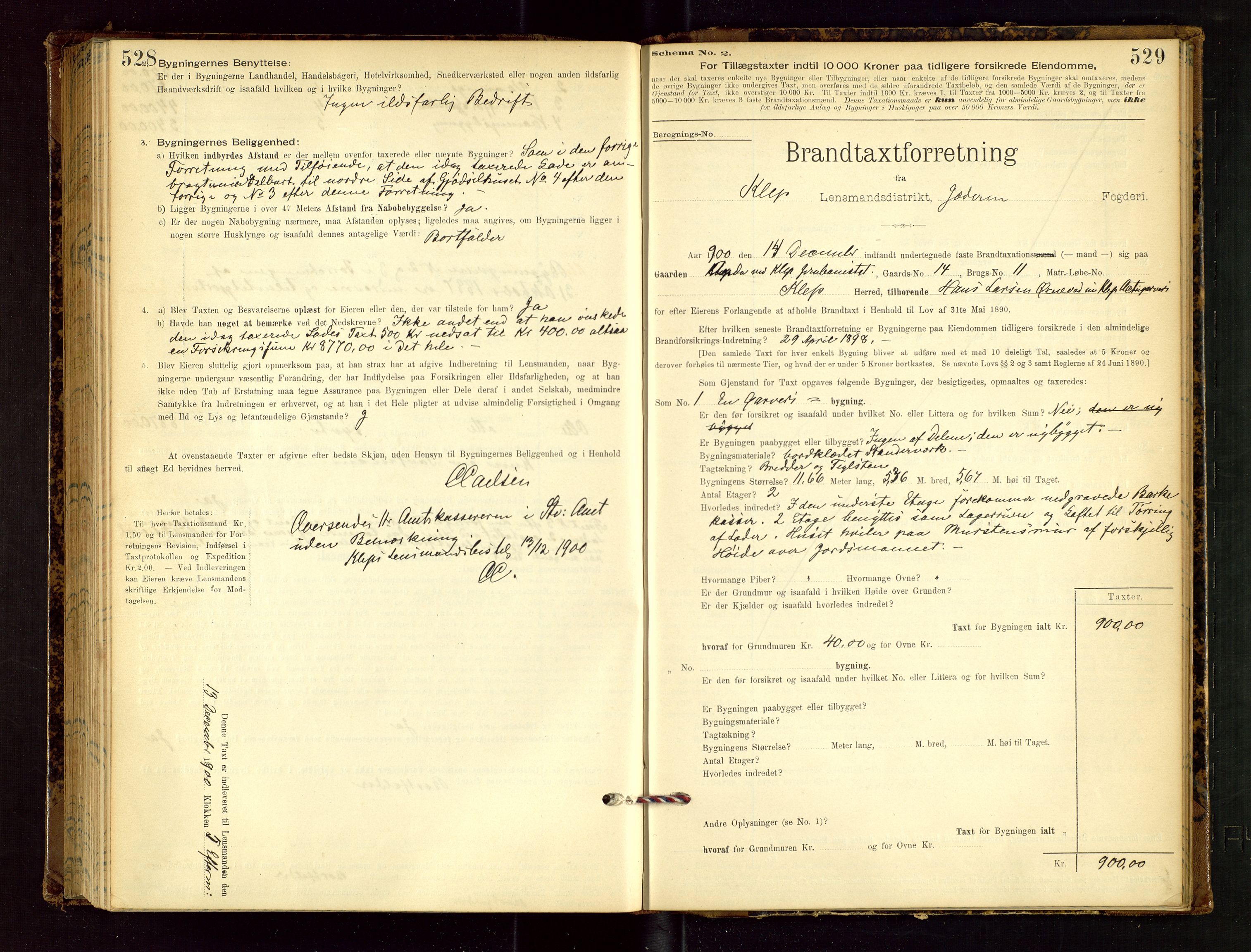 Klepp lensmannskontor, AV/SAST-A-100163/Goc/L0002: "Brandtaxationsprotokol" m/register, 1898-1902, p. 528-529