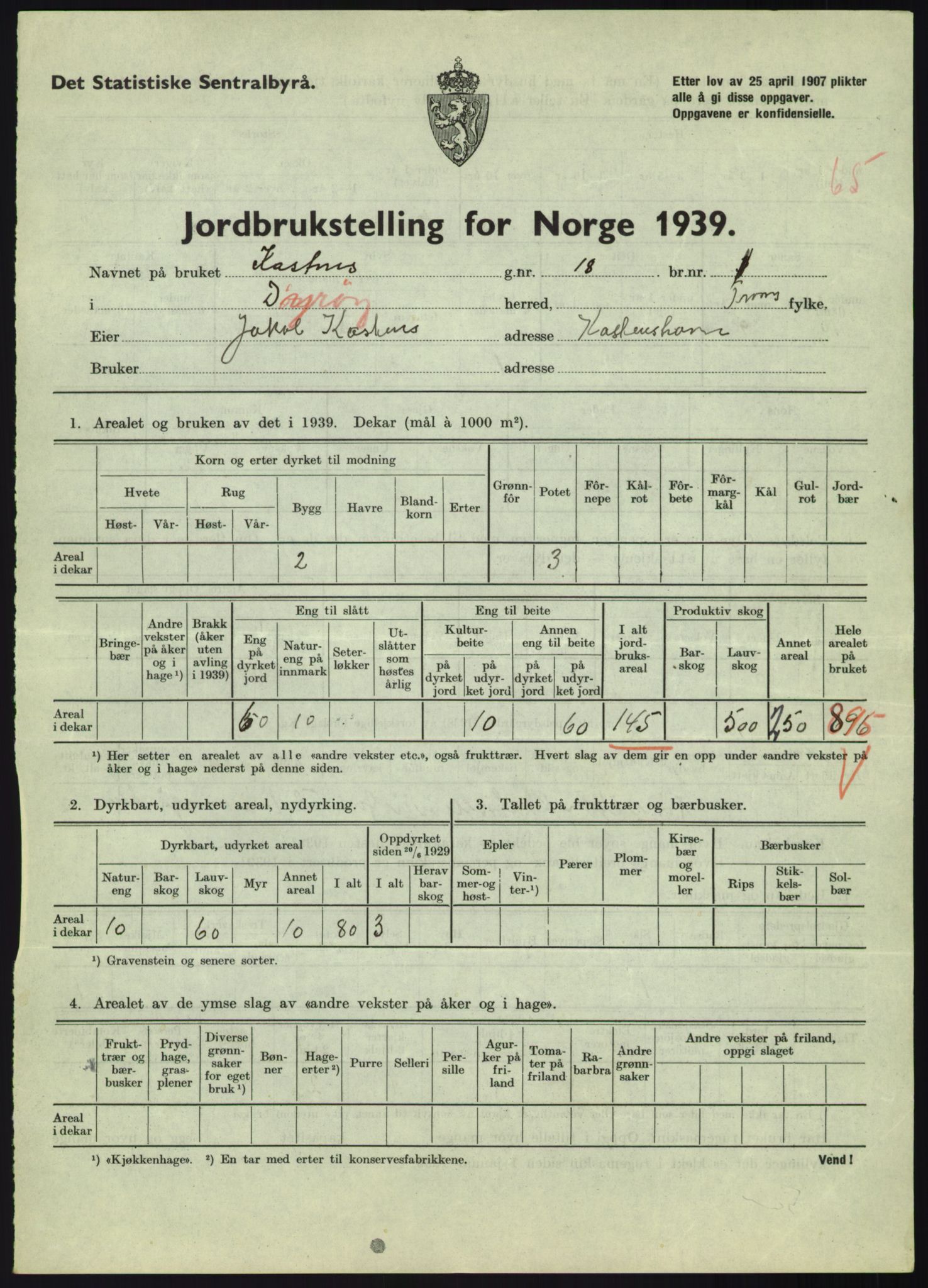 Statistisk sentralbyrå, Næringsøkonomiske emner, Jordbruk, skogbruk, jakt, fiske og fangst, AV/RA-S-2234/G/Gb/L0340: Troms: Salangen og Dyrøy, 1939, p. 1554