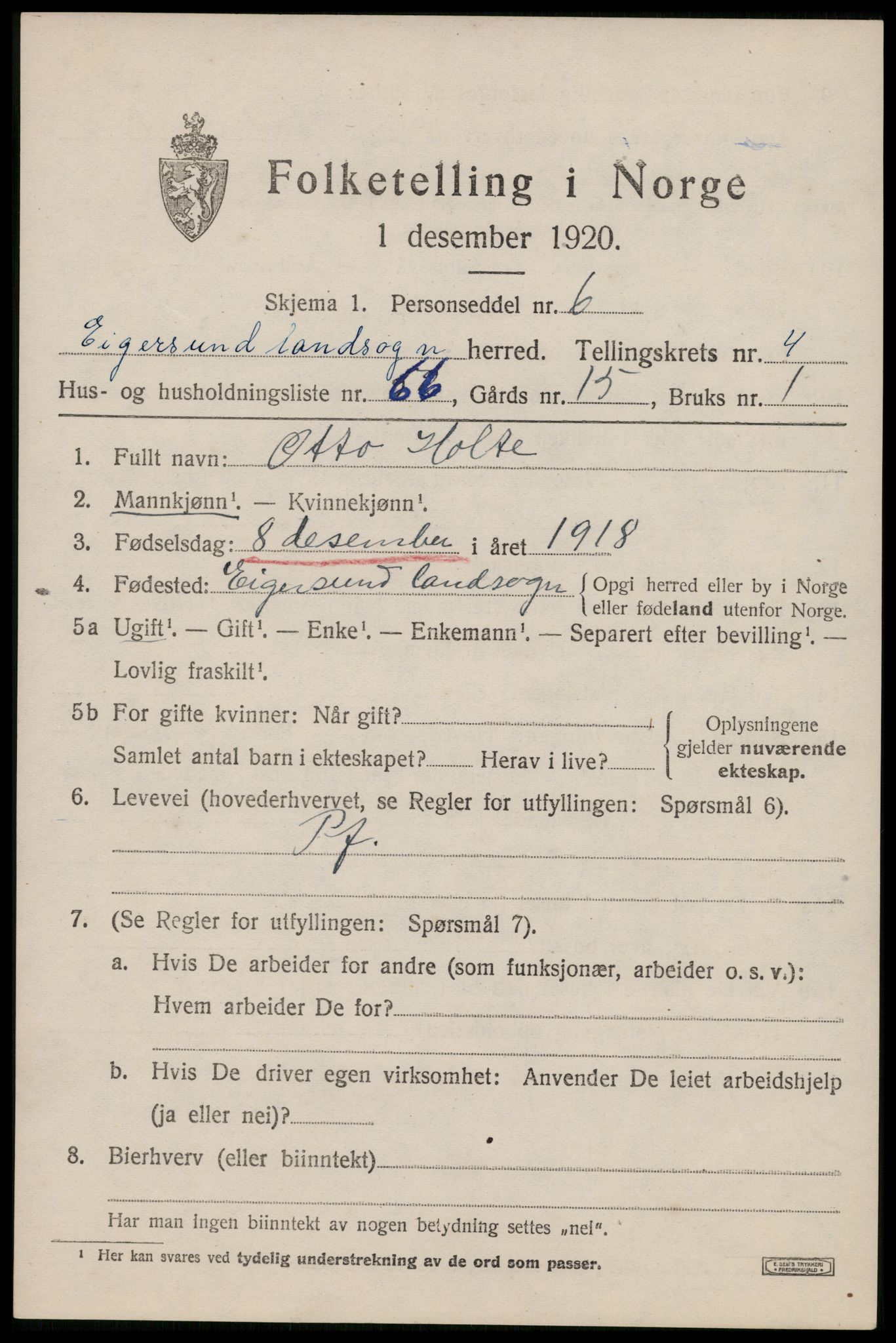 SAST, 1920 census for Eigersund, 1920, p. 3595