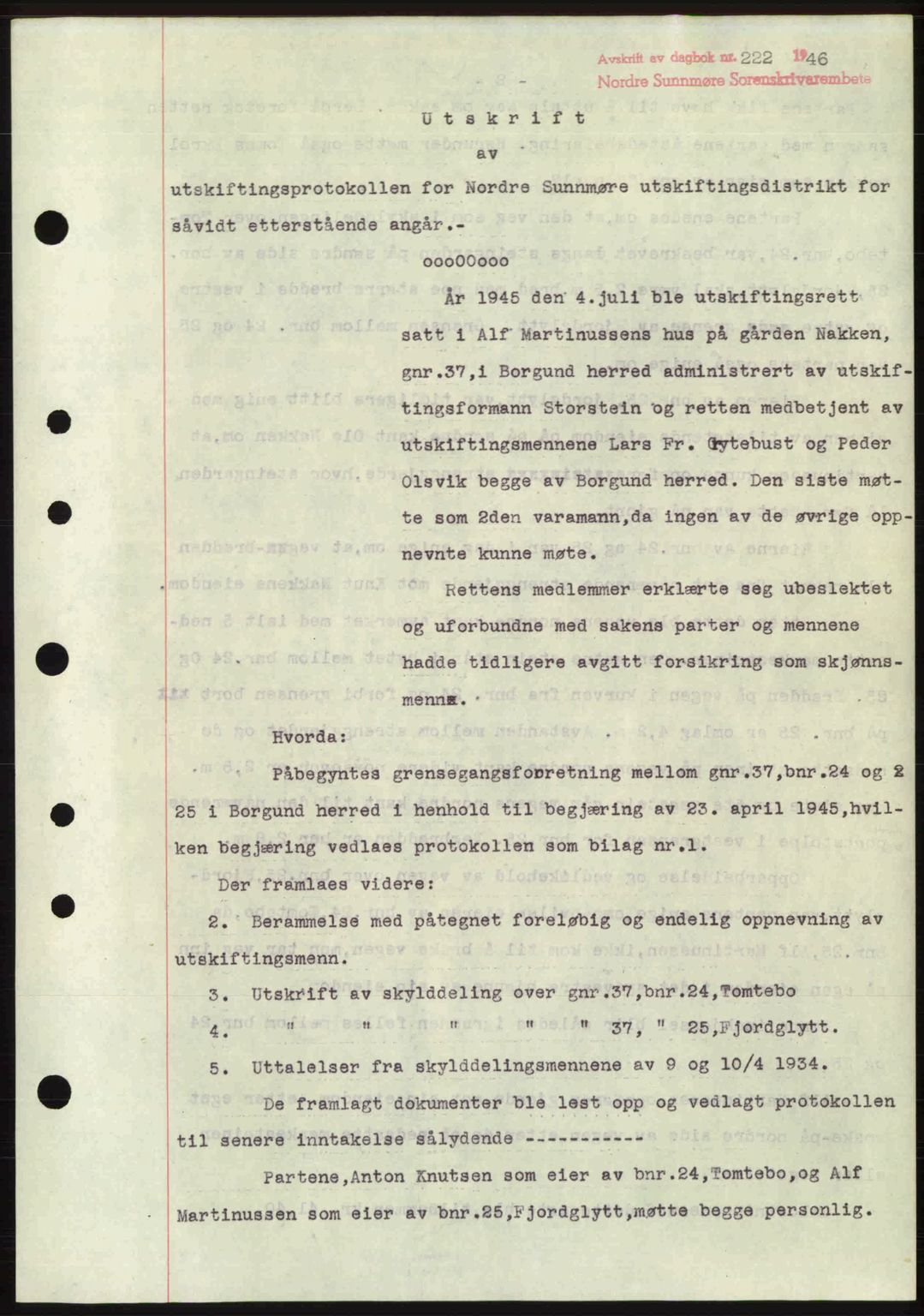 Nordre Sunnmøre sorenskriveri, AV/SAT-A-0006/1/2/2C/2Ca: Mortgage book no. A20b, 1946-1946, Diary no: : 222/1946