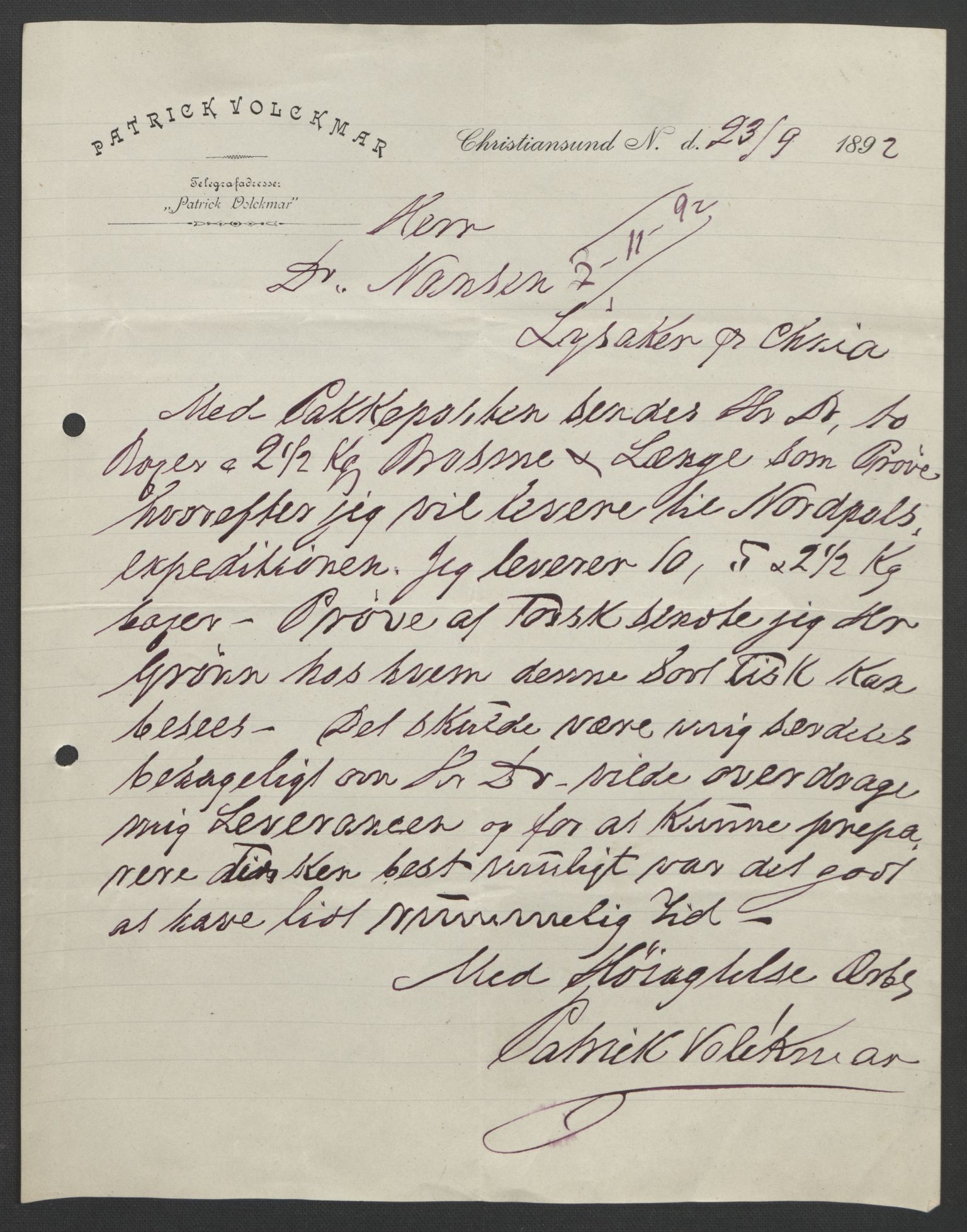 Arbeidskomitéen for Fridtjof Nansens polarekspedisjon, AV/RA-PA-0061/D/L0004: Innk. brev og telegrammer vedr. proviant og utrustning, 1892-1893, p. 574