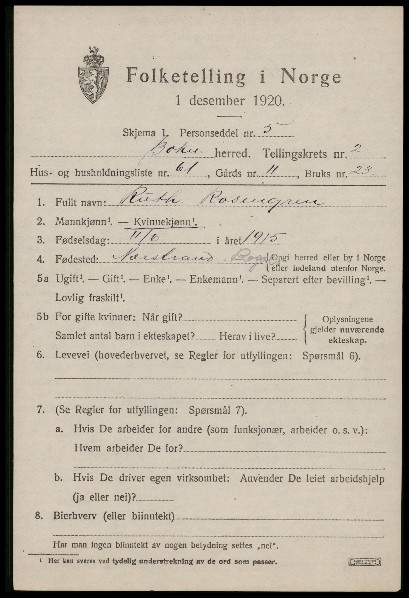 SAST, 1920 census for Bokn, 1920, p. 1320