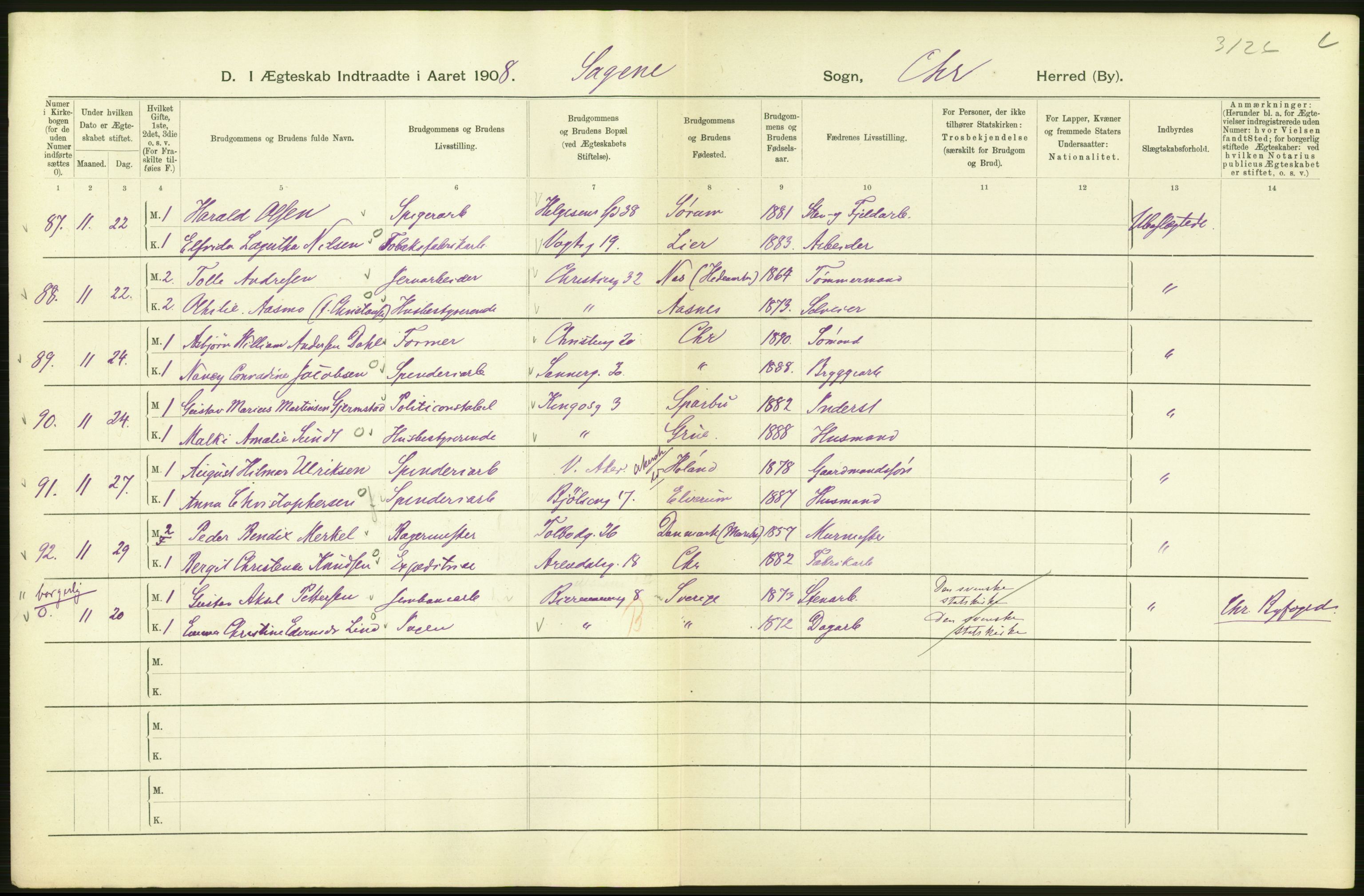 Statistisk sentralbyrå, Sosiodemografiske emner, Befolkning, AV/RA-S-2228/D/Df/Dfa/Dfaf/L0007: Kristiania: Gifte, 1908, p. 214