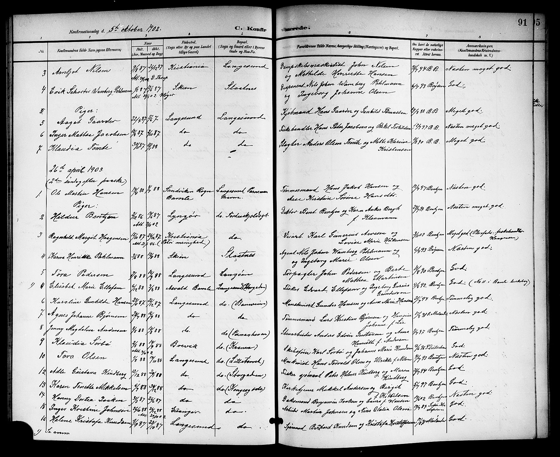 Langesund kirkebøker, SAKO/A-280/G/Ga/L0006: Parish register (copy) no. 6, 1899-1918, p. 91