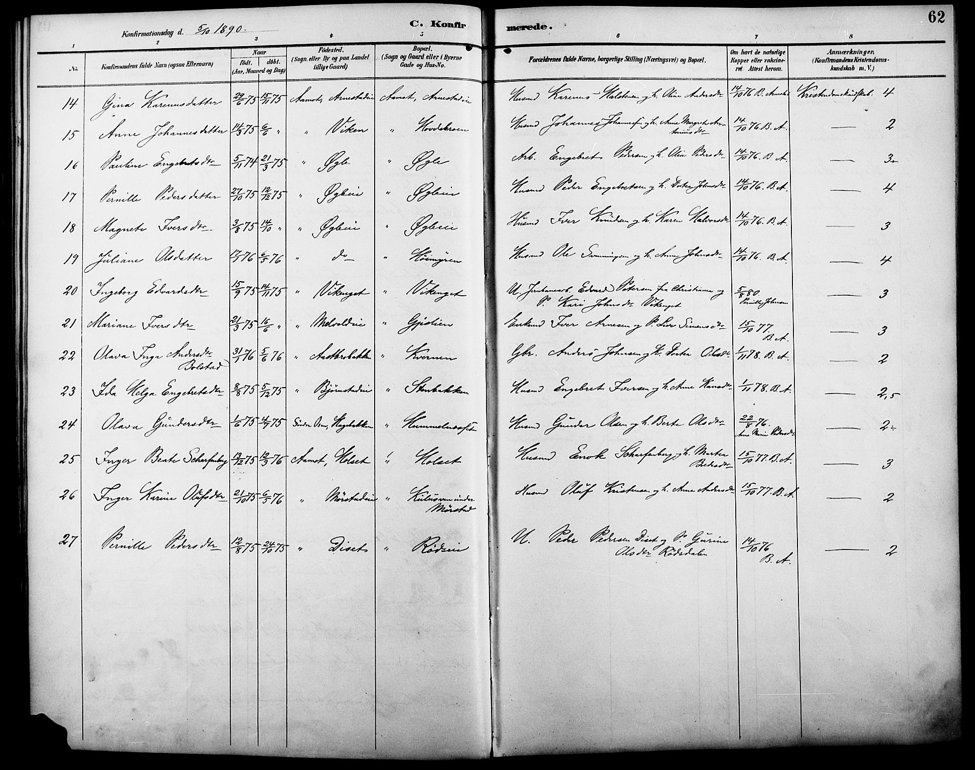 Åmot prestekontor, Hedmark, AV/SAH-PREST-056/H/Ha/Haa/L0011: Parish register (official) no. 11, 1890-1897, p. 62