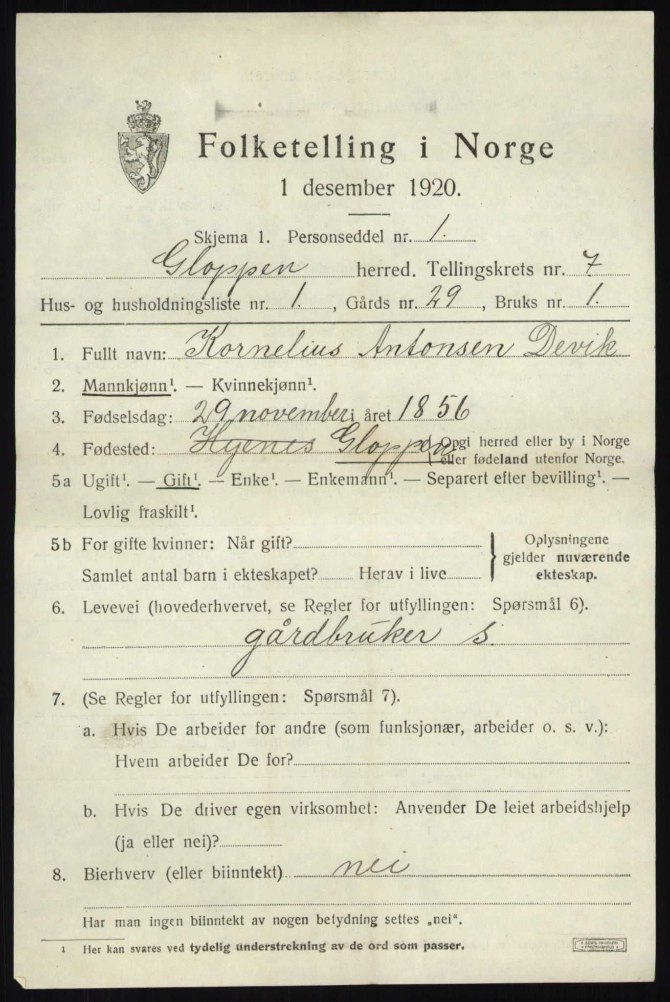 SAB, 1920 census for Gloppen, 1920, p. 4074