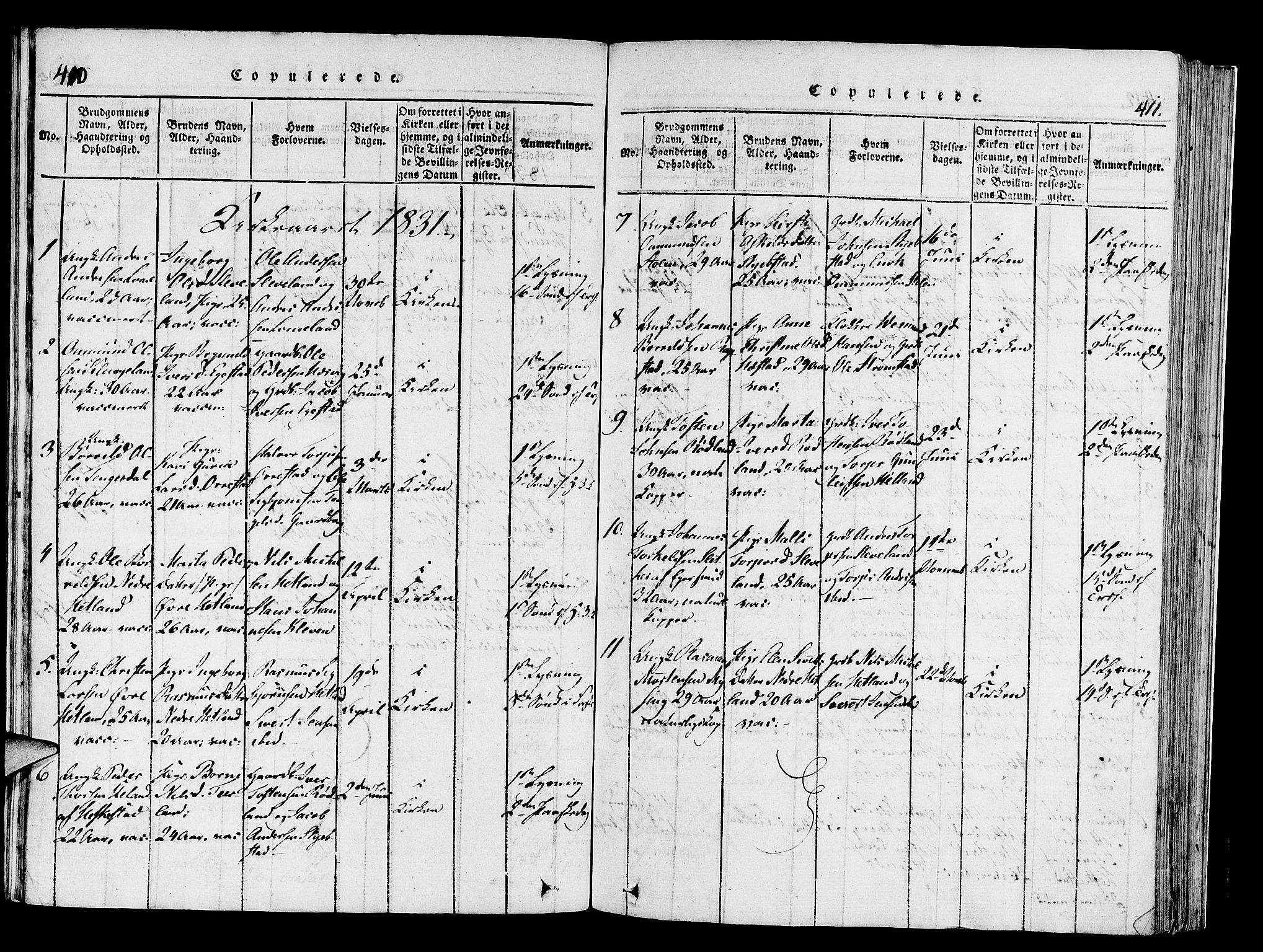 Helleland sokneprestkontor, AV/SAST-A-101810: Parish register (official) no. A 4, 1815-1834, p. 410-411