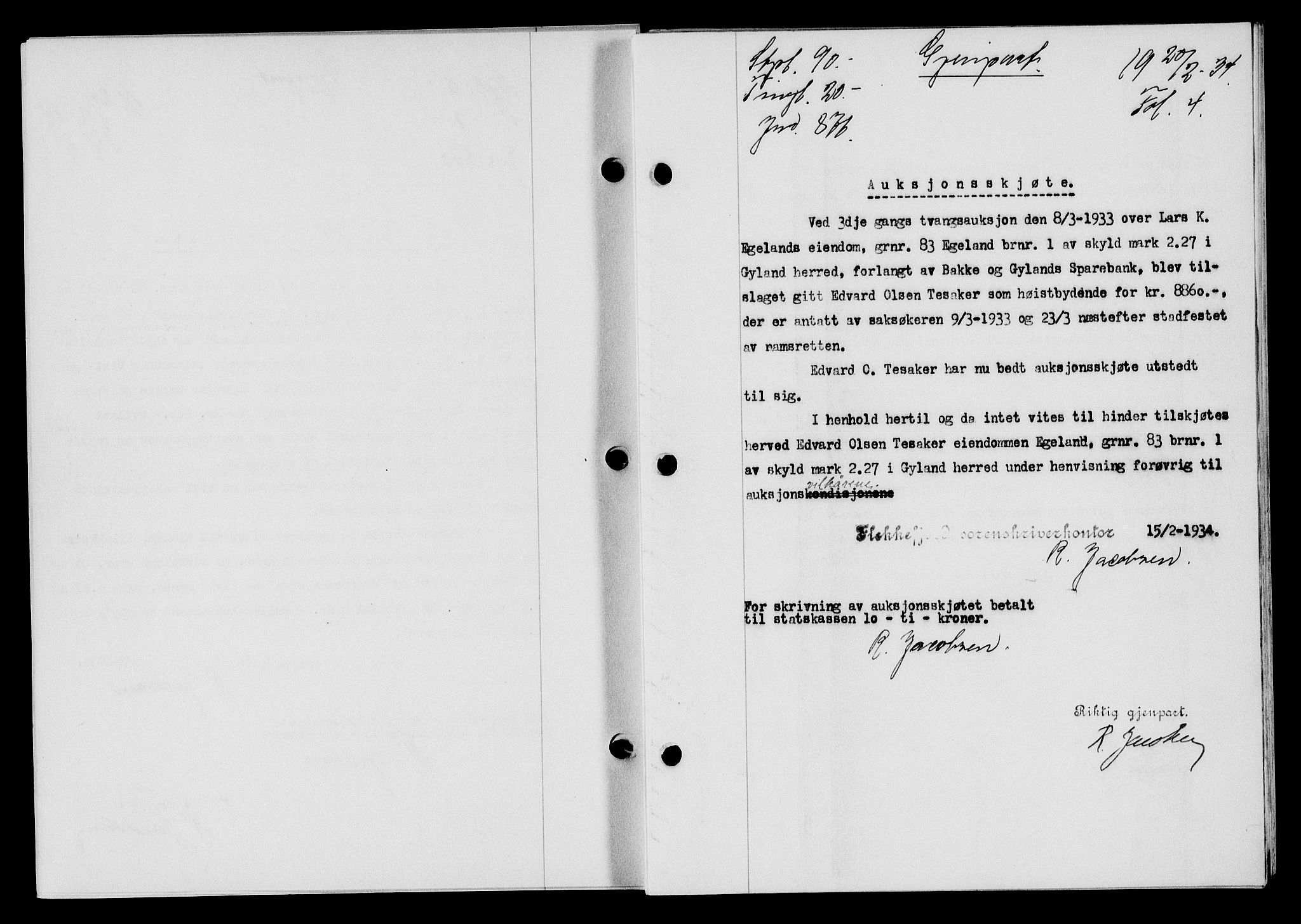 Flekkefjord sorenskriveri, AV/SAK-1221-0001/G/Gb/Gba/L0049: Mortgage book no. 46, 1933-1934, Deed date: 20.02.1934