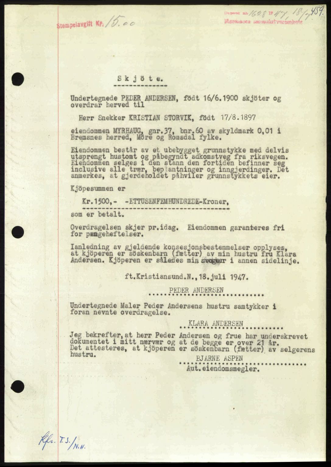 Nordmøre sorenskriveri, AV/SAT-A-4132/1/2/2Ca: Mortgage book no. A105, 1947-1947, Diary no: : 1628/1947