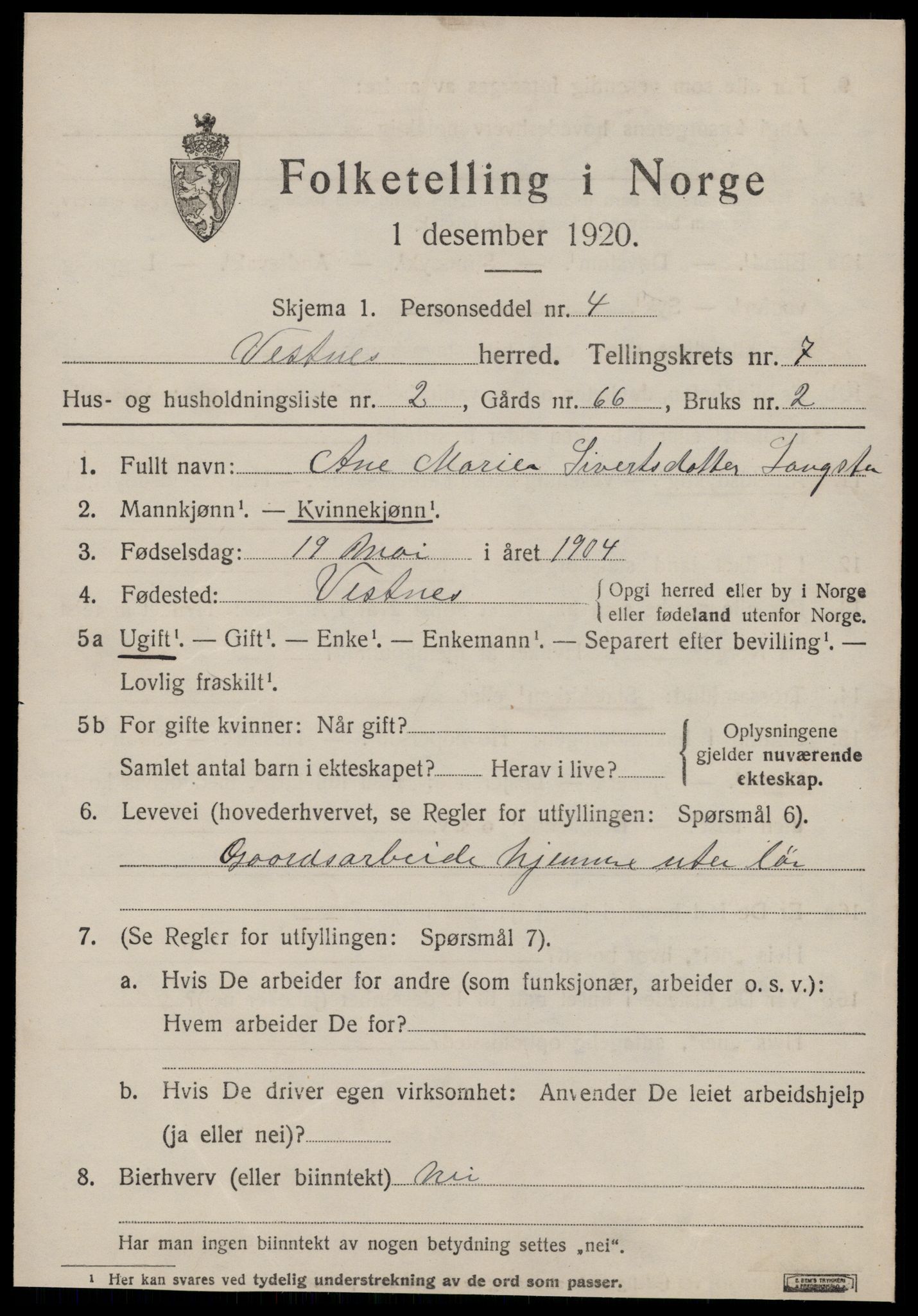 SAT, 1920 census for Vestnes, 1920, p. 5117