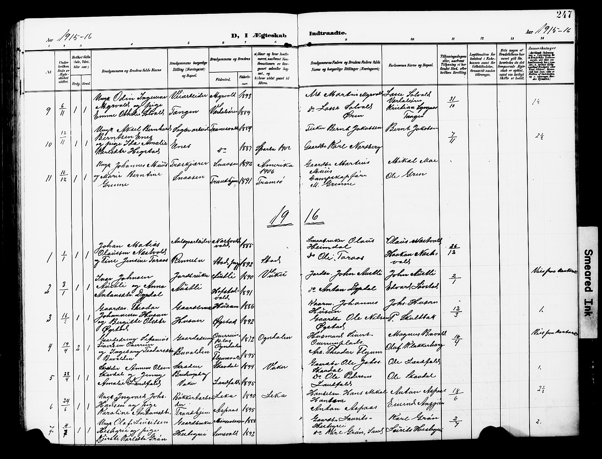 Ministerialprotokoller, klokkerbøker og fødselsregistre - Nord-Trøndelag, SAT/A-1458/723/L0258: Parish register (copy) no. 723C06, 1908-1927, p. 247