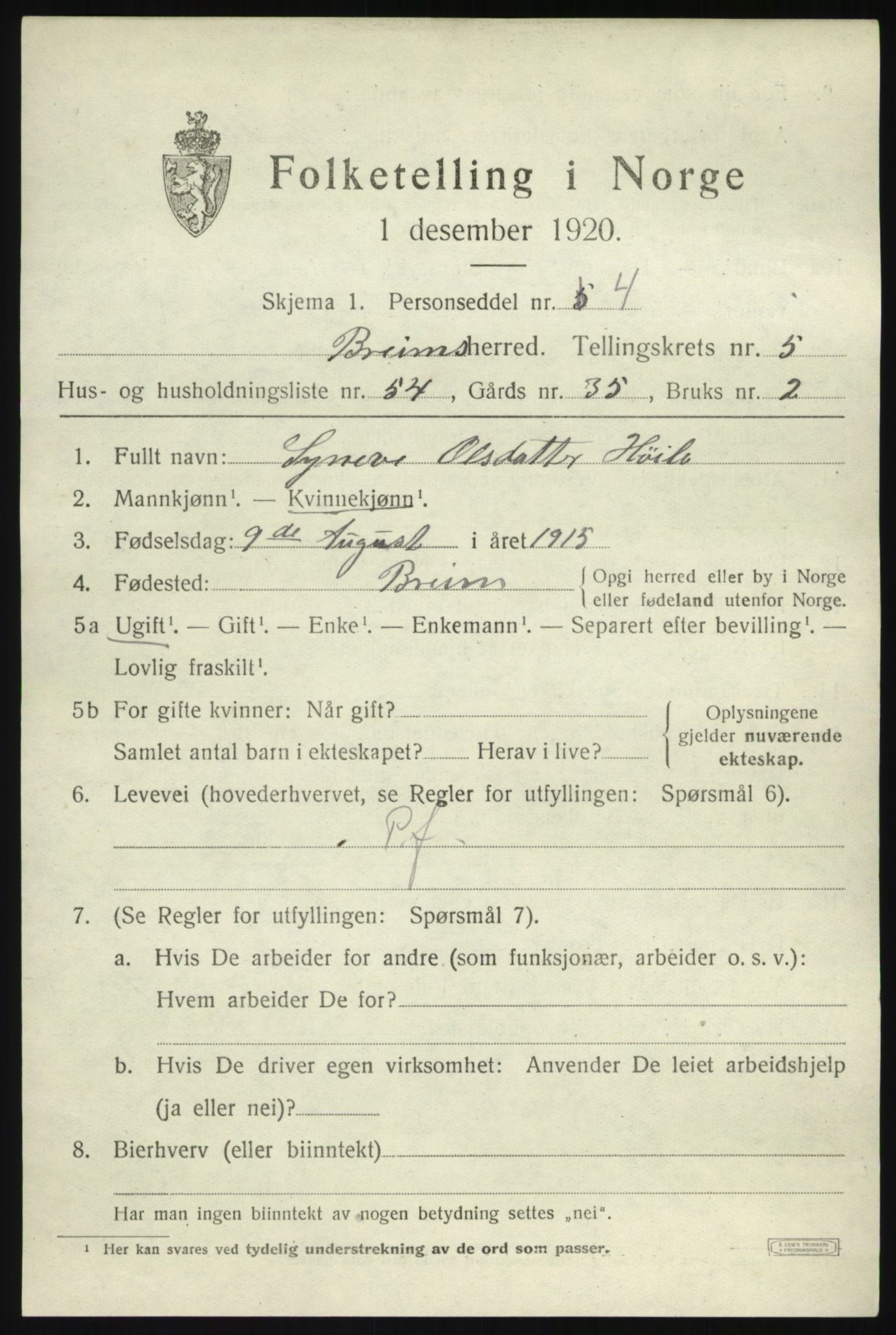 SAB, 1920 census for Breim, 1920, p. 3469