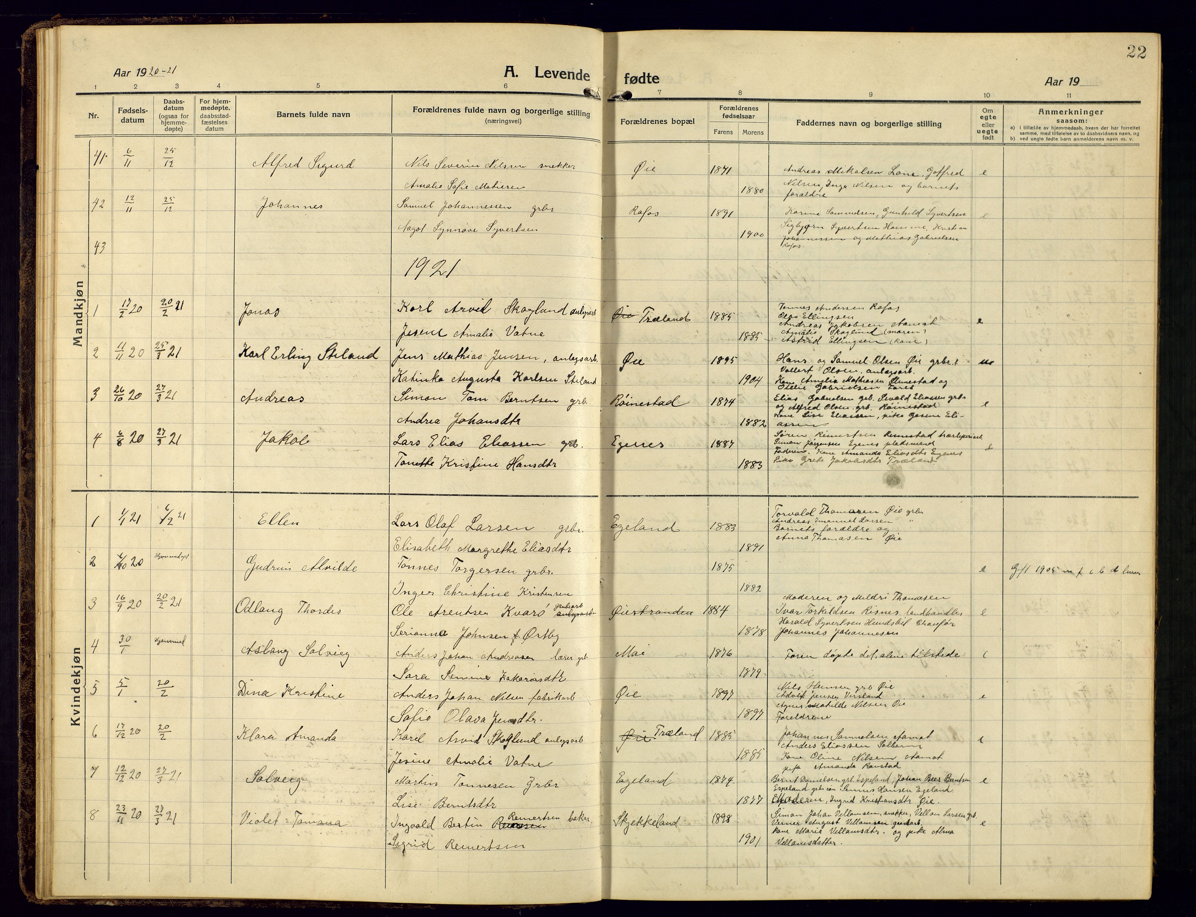 Kvinesdal sokneprestkontor, AV/SAK-1111-0026/F/Fb/Fbb/L0004: Parish register (copy) no. B 4, 1917-1938, p. 22