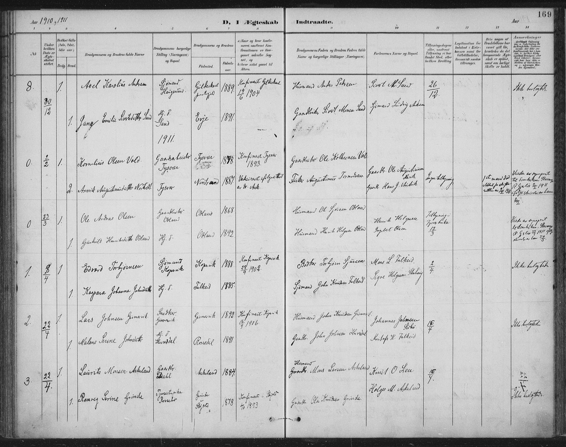 Tysvær sokneprestkontor, SAST/A -101864/H/Ha/Haa/L0008: Parish register (official) no. A 8, 1897-1918, p. 169