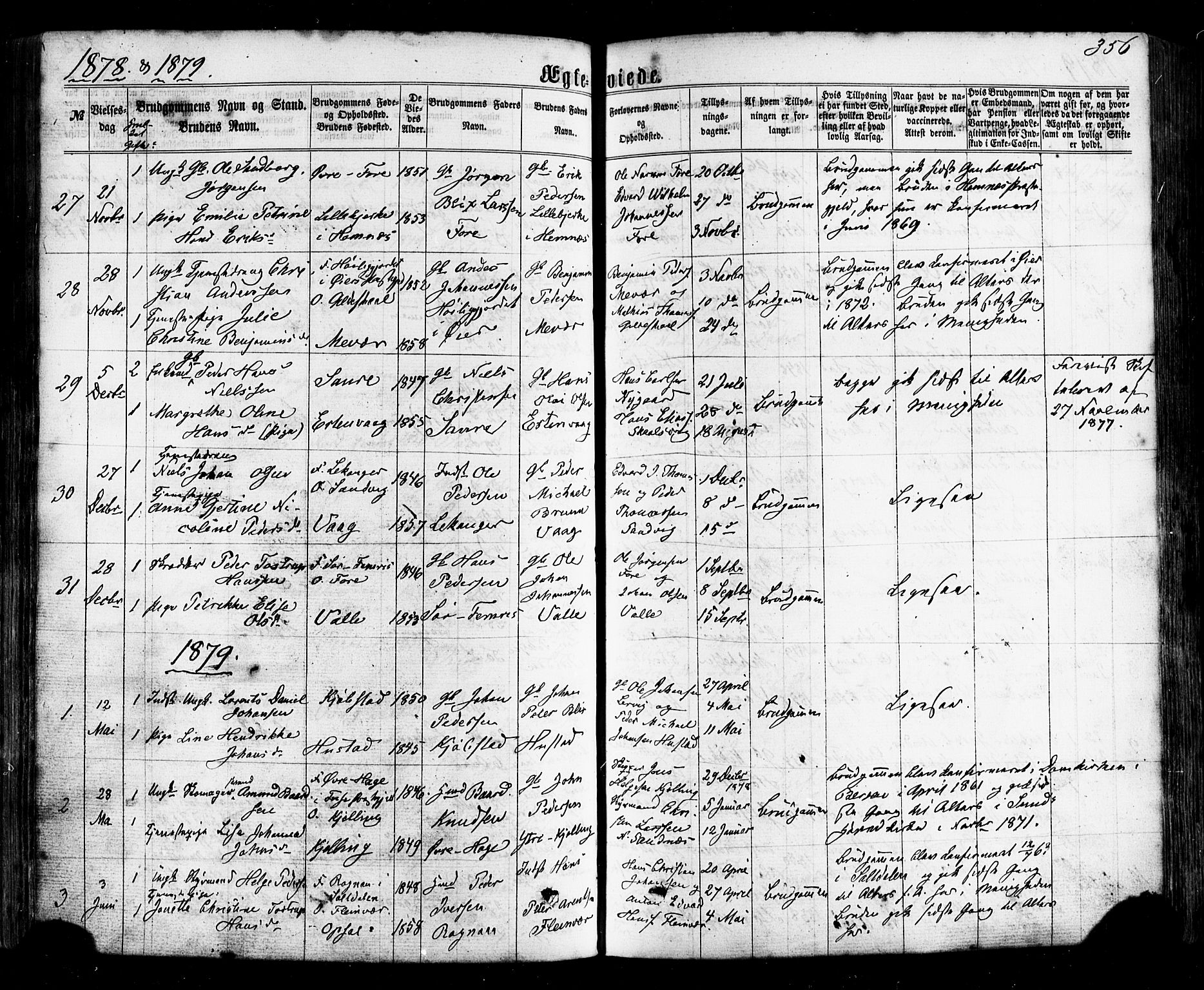 Ministerialprotokoller, klokkerbøker og fødselsregistre - Nordland, SAT/A-1459/805/L0098: Parish register (official) no. 805A05, 1862-1879, p. 356